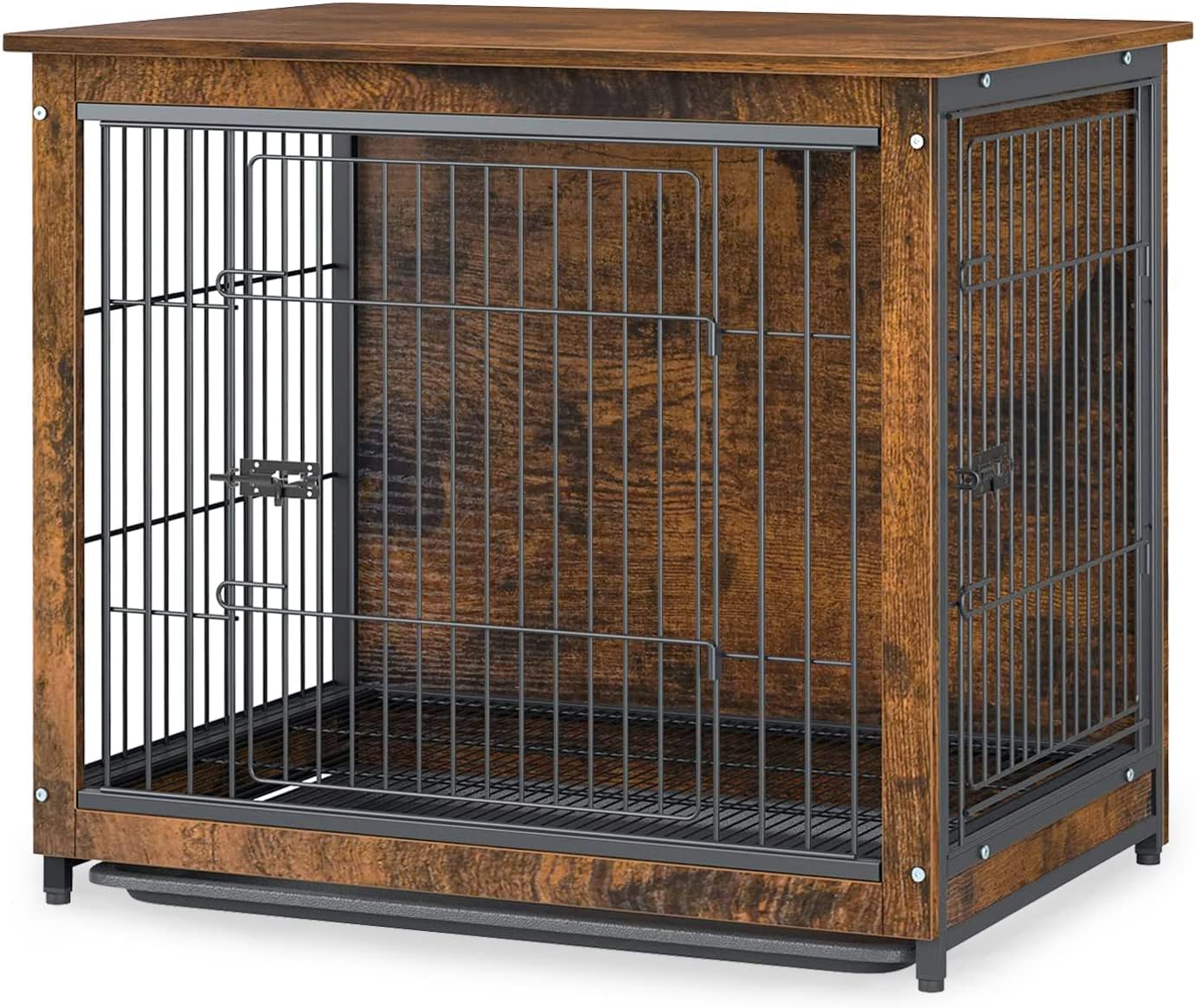 BingoPaw Wooden Dog Crate Indoor: 32Inch Dog Metal Wire Cage Playpen with Detachable Wood Topper - Double Door Dog House Pen Anti…