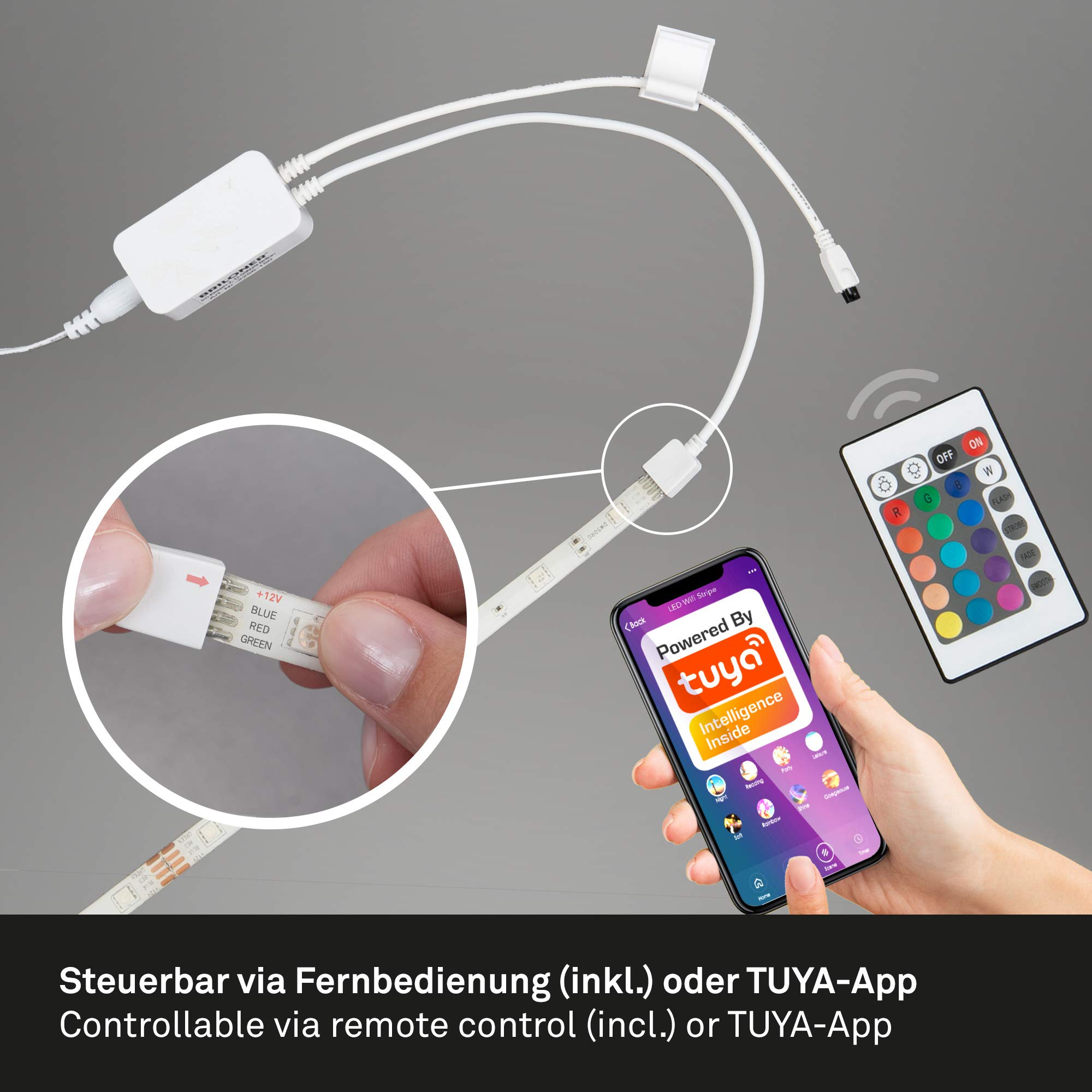 Briloner Leuchten - Taśma LED, taśma LED, taśma LED 5 m, samoprzylepna, możliwość skrócenia, ściemniana, wraz z pilotem zdalnego sterowania, WIFI, sterowanie aplikacją, Amazon ECHO, funkcja zmiany koloru, biała, 5000 x 10 x 3 mm (dł. x szer. x wys.)