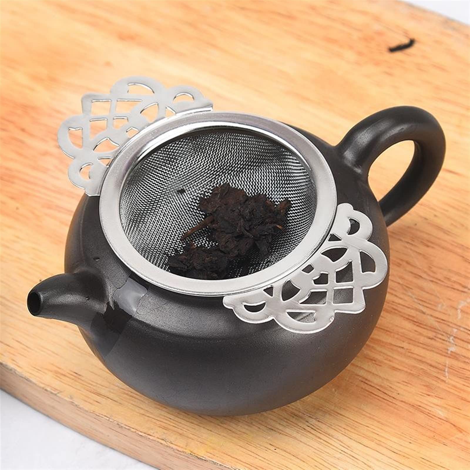 Colador de té, infusores de té con asas dobles para las orejas, filtro de especias, hojas sueltas con cuenco de goteo, colador de té, duradero, fiable, de acero inoxidable (plata)