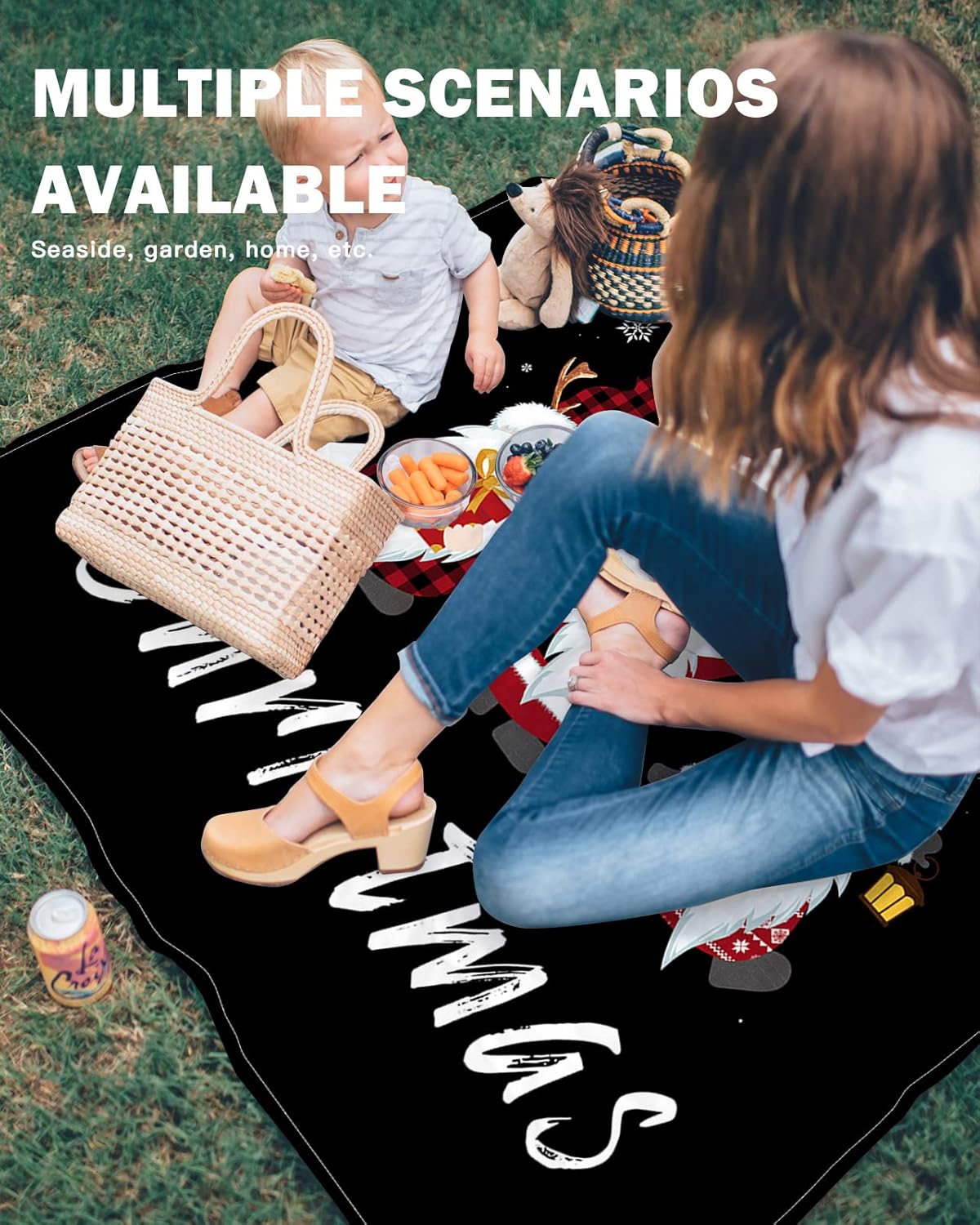 Merry Christmas Funny Gnomes and Snowflake Beach Blanket Waterproof Sandproof Outdoor Picnic Mat 83"x79" Black Lightweight Large Beaach Blankets with 4 Stake & 4 Corner Pockets