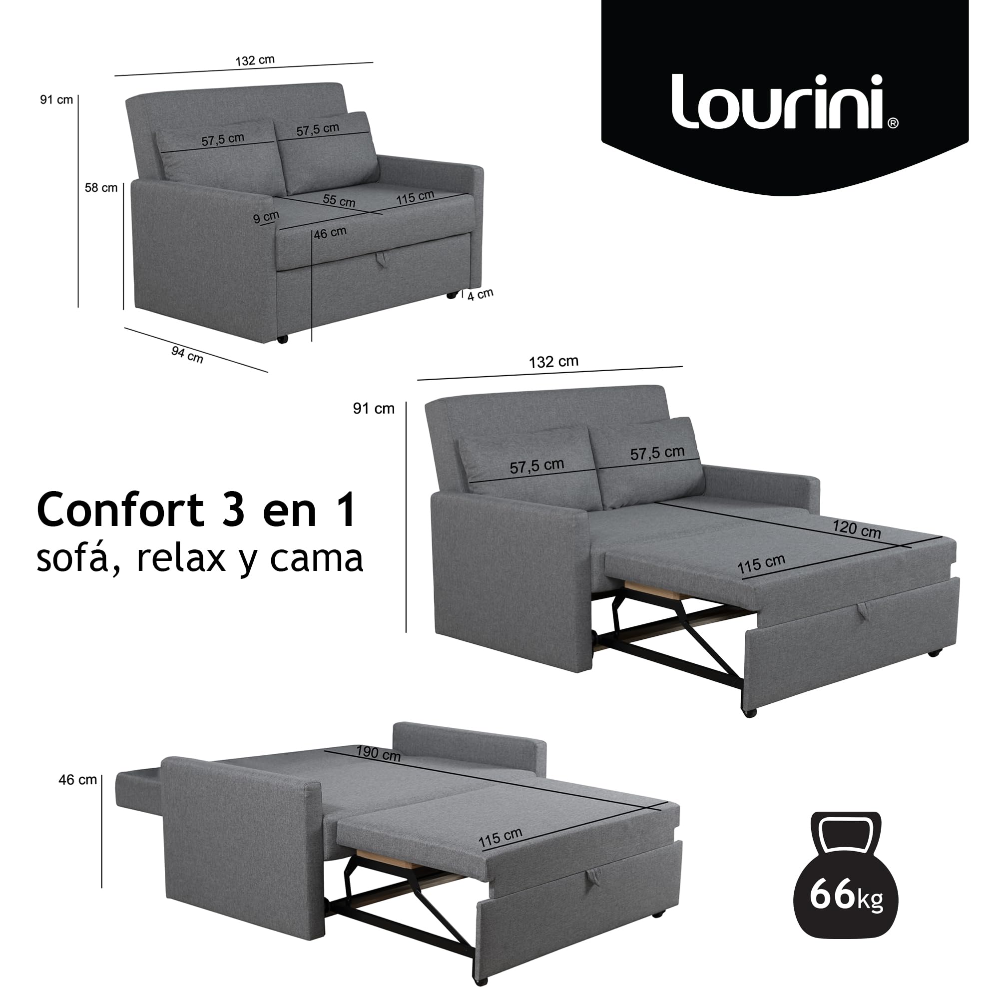 Sofá Cama 2 Plazas, Sillón Cama Plegable Convertible, Sofa Bed Double Matrimonio 132 cm, Extraíble y Extensible, Dos Plazas, Máxima Comodidad, Moderno y para Espacios Reducidos