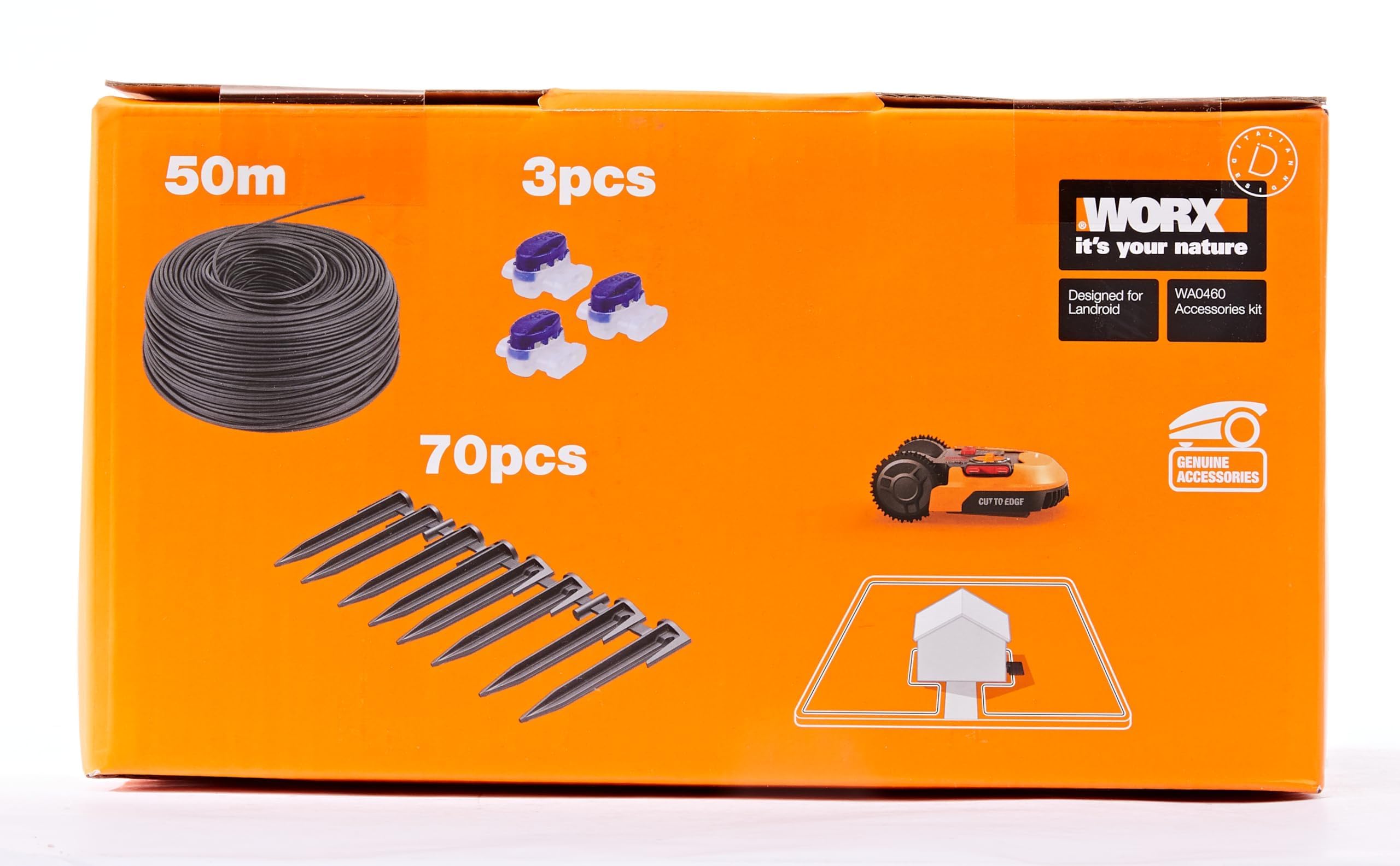 WORX Kit de maintenance WA0460 pour robots Landroid | Câble 50 m, 70 piquets et 3 connecteurs étanches pour réparer ou modifier le câble périphérique