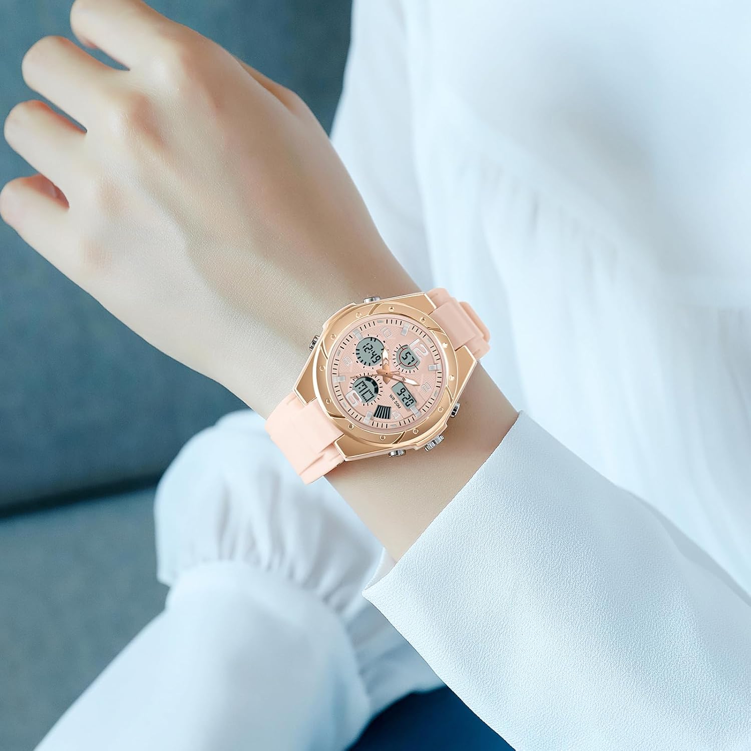 findtime Watches for Women Digital and Analog Sports Military Outdoor Waterproof Watch for Ladies with Stopwatch Alarm Dual Time Display White
