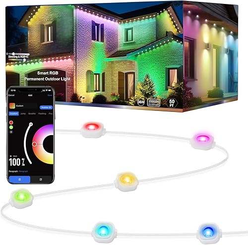 Miniatura 9 de Luces de Navidad permanentes para exteriores para techo de casa, 100 pies RGB+IC para exteriores con 63 escenas, IP67 72 luces LED aleros para