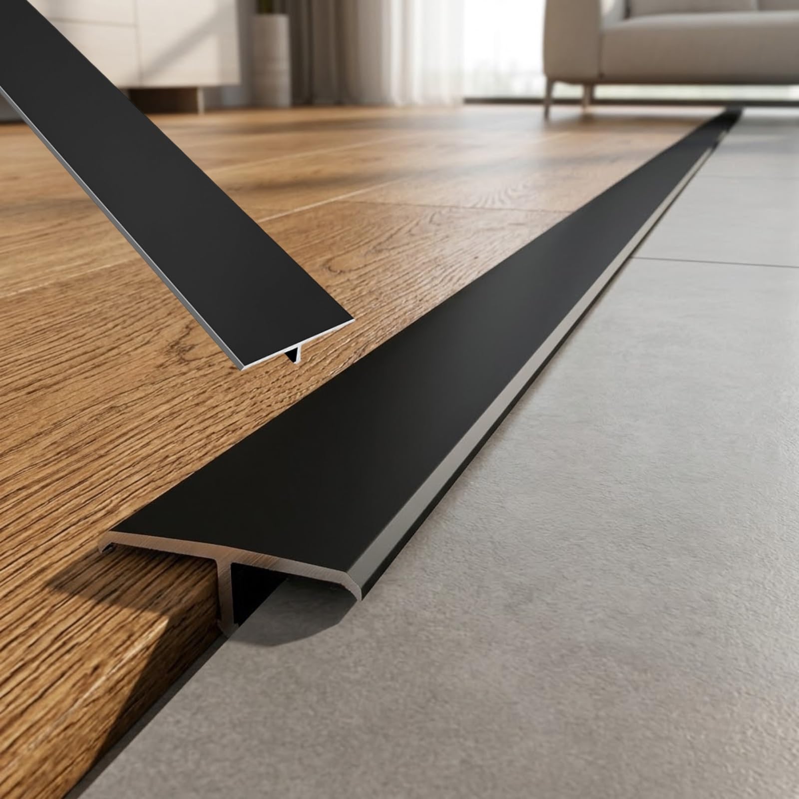 Aluminium T Moulding Floor Transition Strip, Self Adhesive Door Transition Strip, Metal Flat Divider Trim for Joining Laminate Floor Gaps, 90cm(Black,W6cm*H0.7mm*L0.9m)