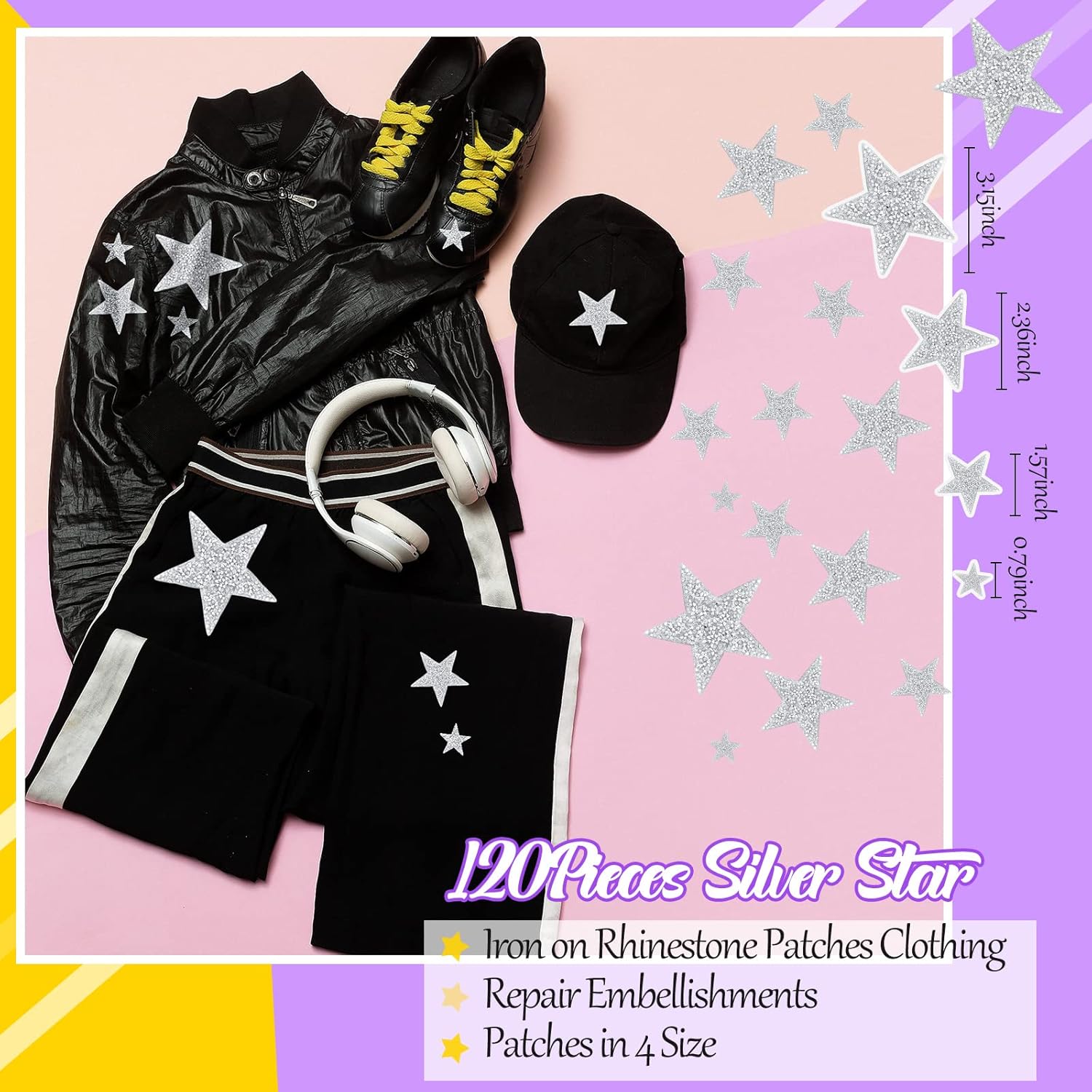 120 Pcs 4 Sizes Star Patches Iron on Rhinestone Adhesive Sequin Glitter Star Patches Appliques Adhesive Glitter Appliques Embellishments for DIY Crafts Clothes Graduation Decor(Silver)