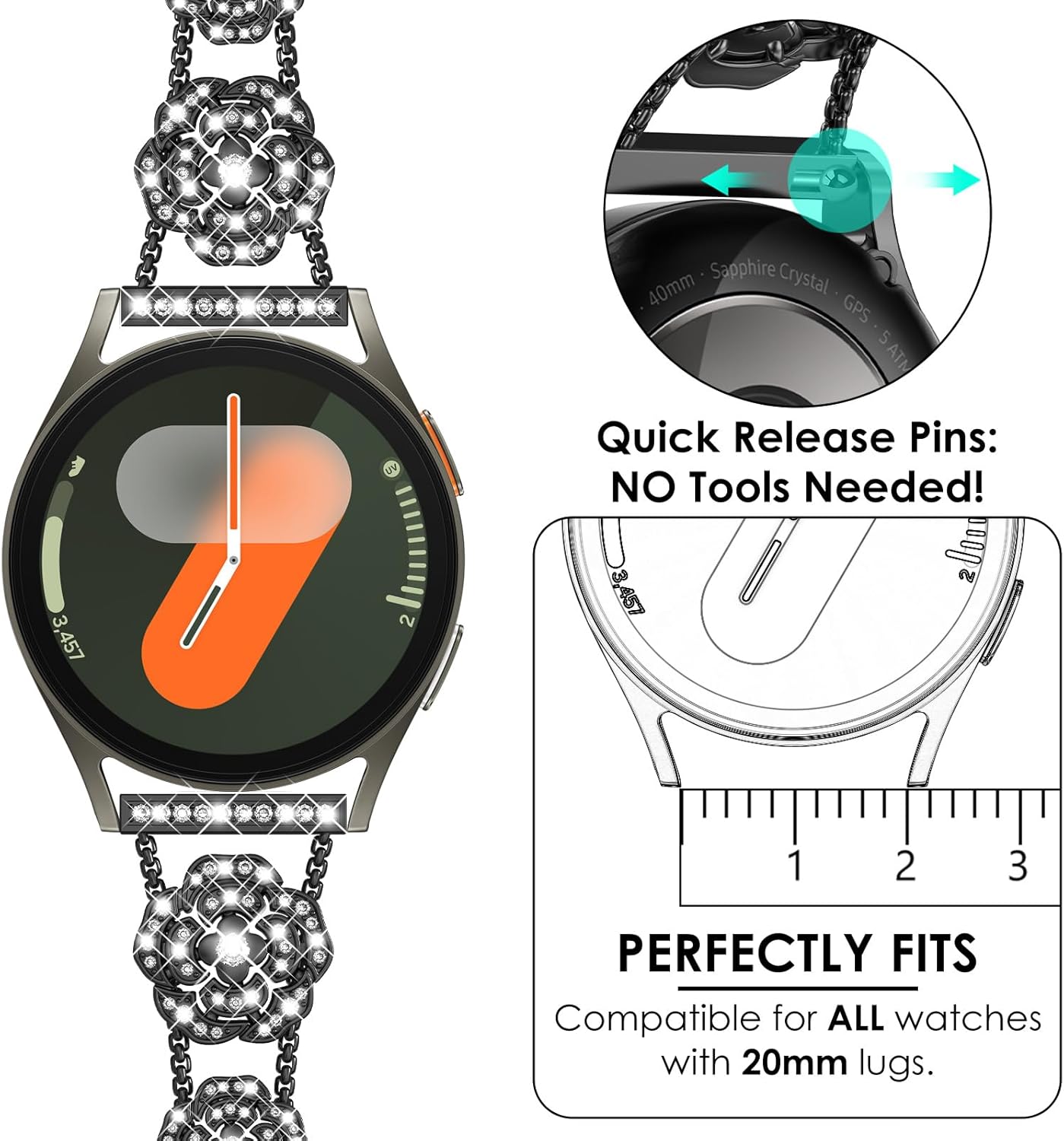 NewWays for SAMSUNG Galaxy Watch 7 Band 40mm 44mm FE 6 5 4 Band, 20mm Camellia Rose Luxury Bling Diamond Rhinestone Bracelet Glitter Jewelry Dressy Stunning - Image 3