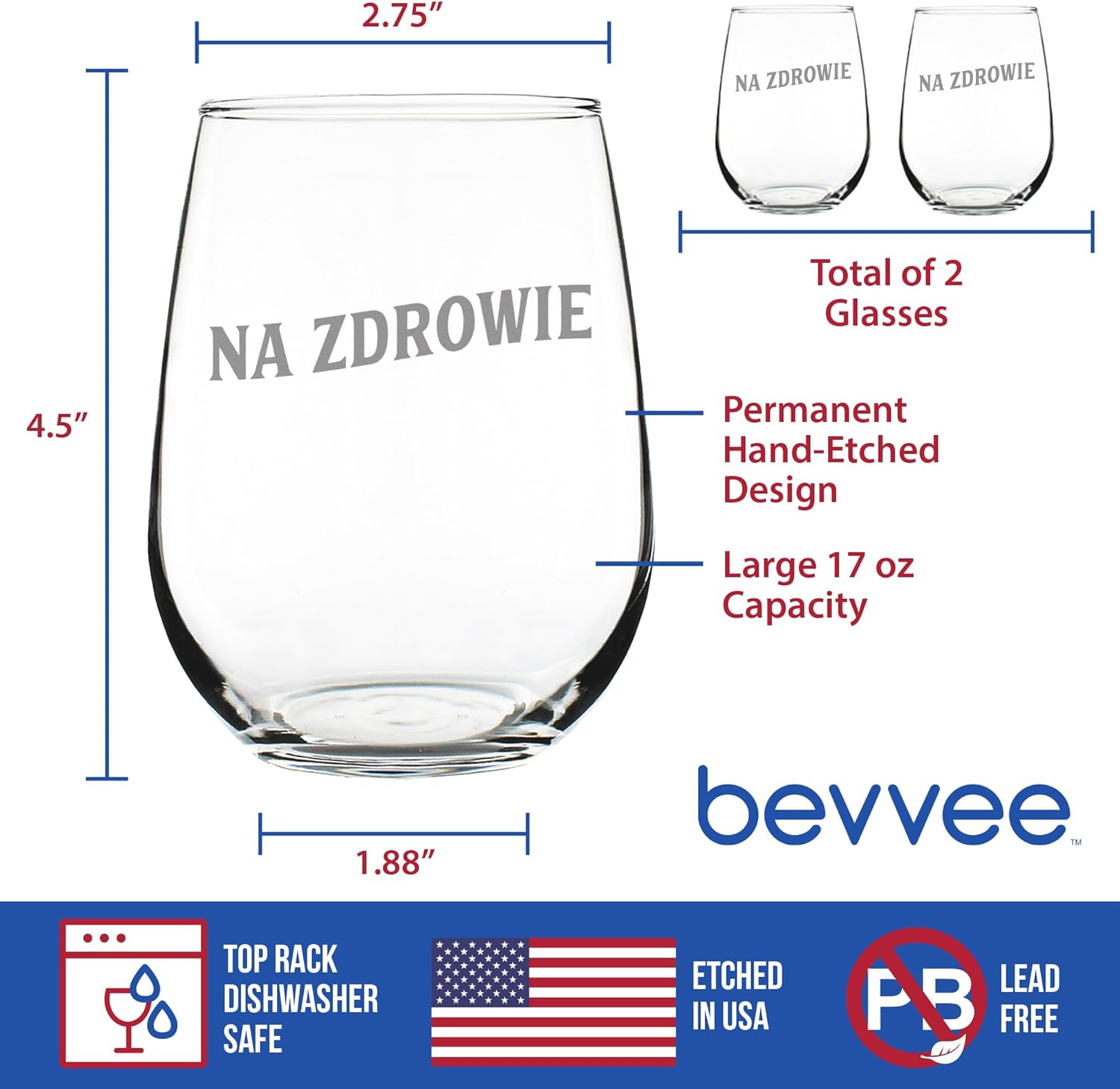Bevvee Na Zdrowie Polish Cheers - Stemless Wine Glasses - Set of 2 - Cute Poland Themed Gifts or Party Decor - Large 17 Ounce