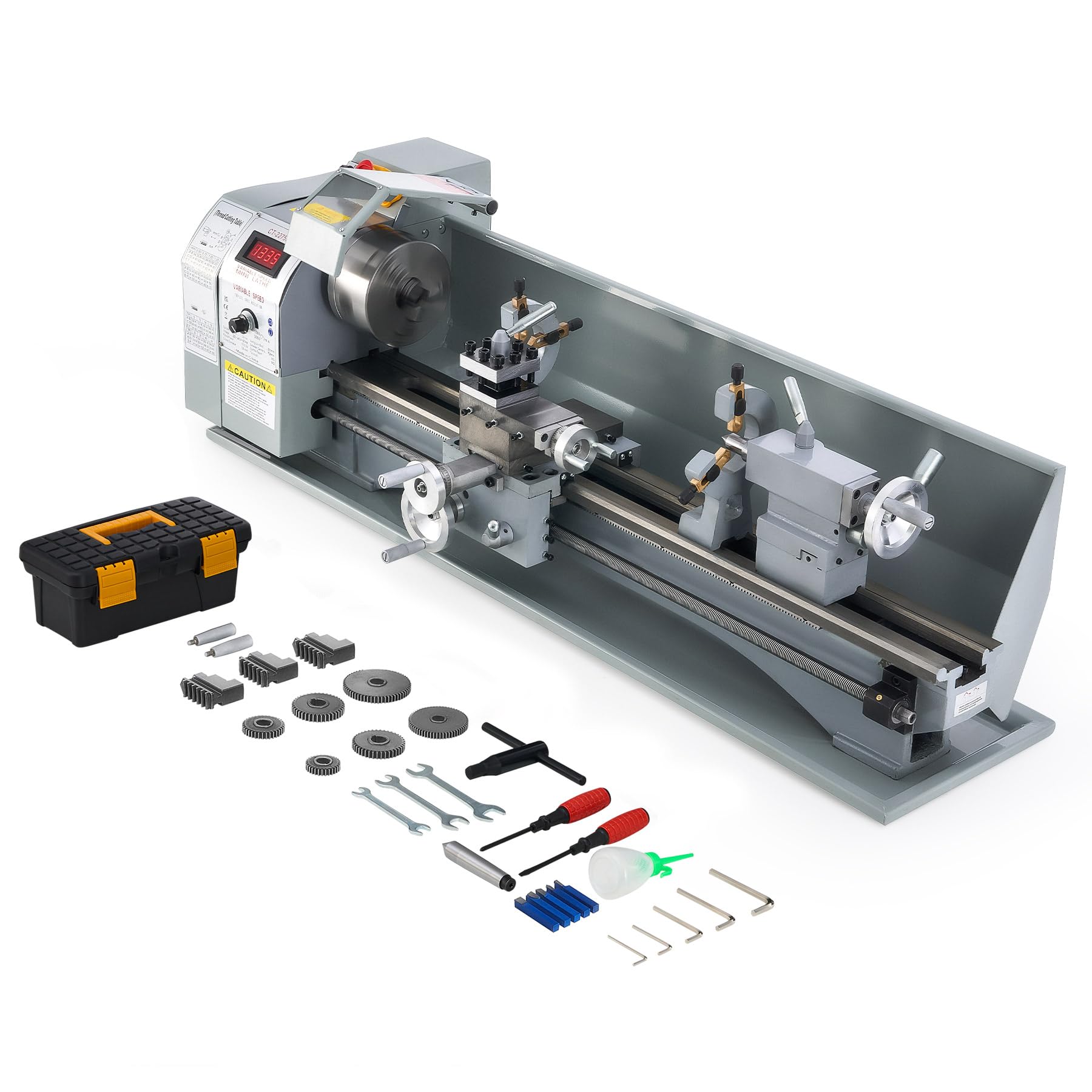 CREWORKS Mini Metal Lathe, 22x75cm Benchtop Metal Lathe with 3 Jaw Chuck and 3000rpm Max. Spindle Speed, 1100W Metalworking Machine with LCD Display, Metal Lathe Machine for Threading Turning Drilling