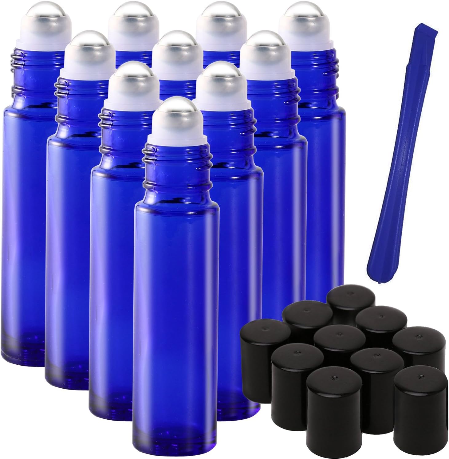 JamHoo 10Pcs, 10ml Blue Glass Roller Bottles with Stainless