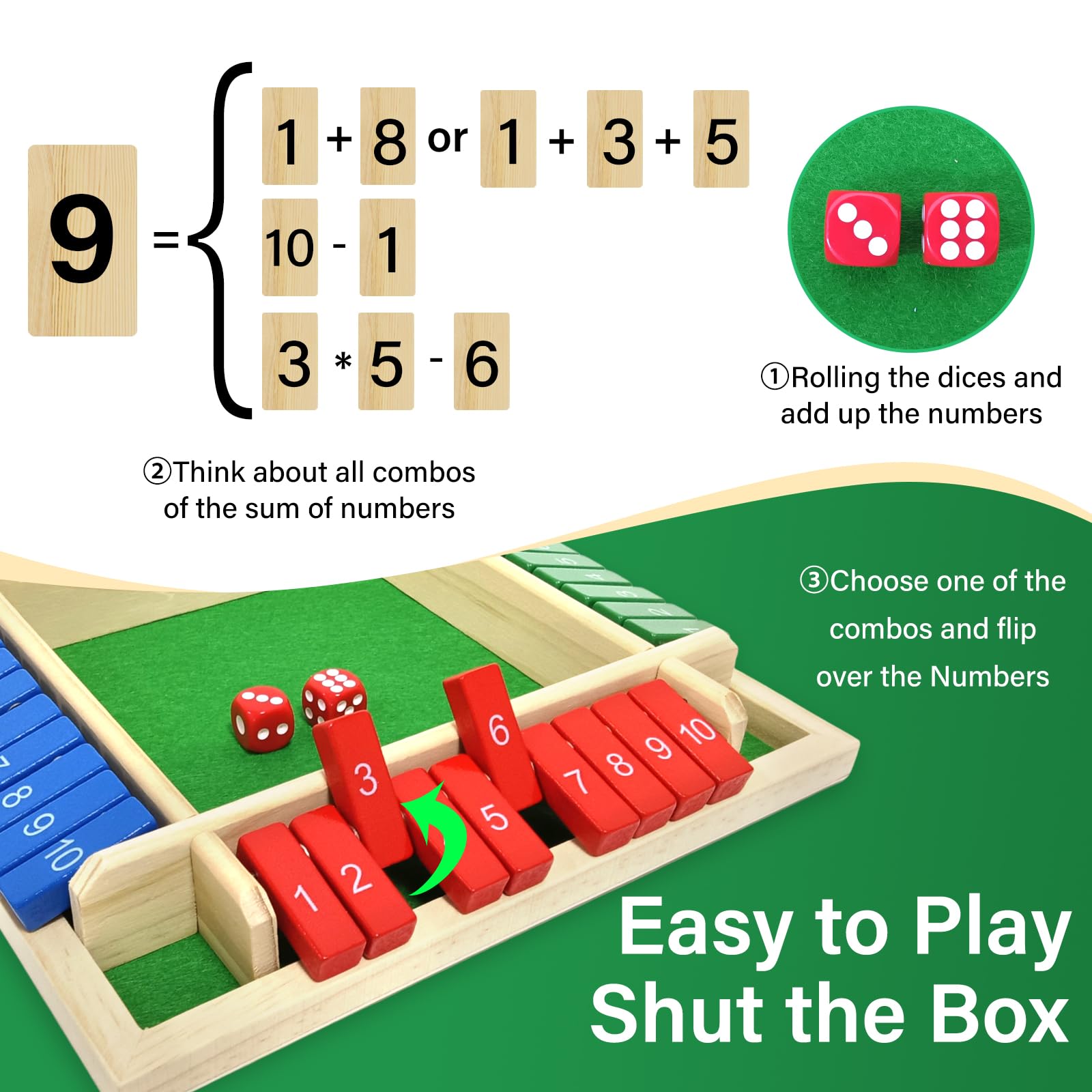 Shut the Box Classic Wooden Board Game with Dice 4 Player - Image 2