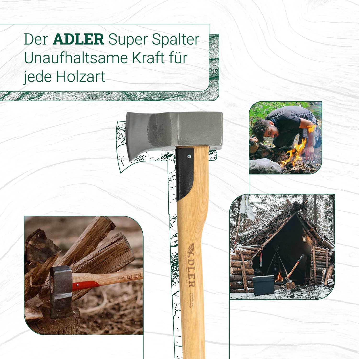 ADLER Spaltaxt inkl. Lederschutz: Geschmiedete Axt zum Holz spalten, Holzaxt mit C60-Stahlkopf & 80 cm Hickory-Stiel, Outdoor- & Forstaxt mit hoher Spaltwirkung, 3-Fach Verkeilung, Rot/schwarz, 2 kg