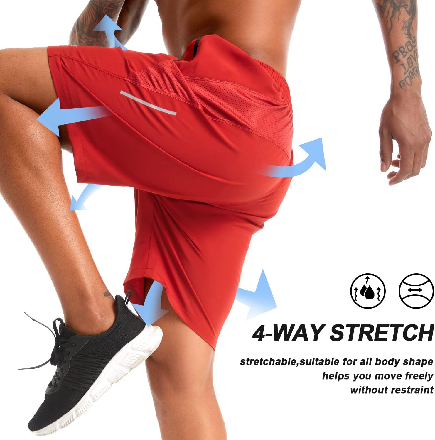 Souke Sports Men's 2 in 1 Workout Running Shorts 7" Quick Dry Gym Athletic Shorts Red Liner Zipper Pockets
