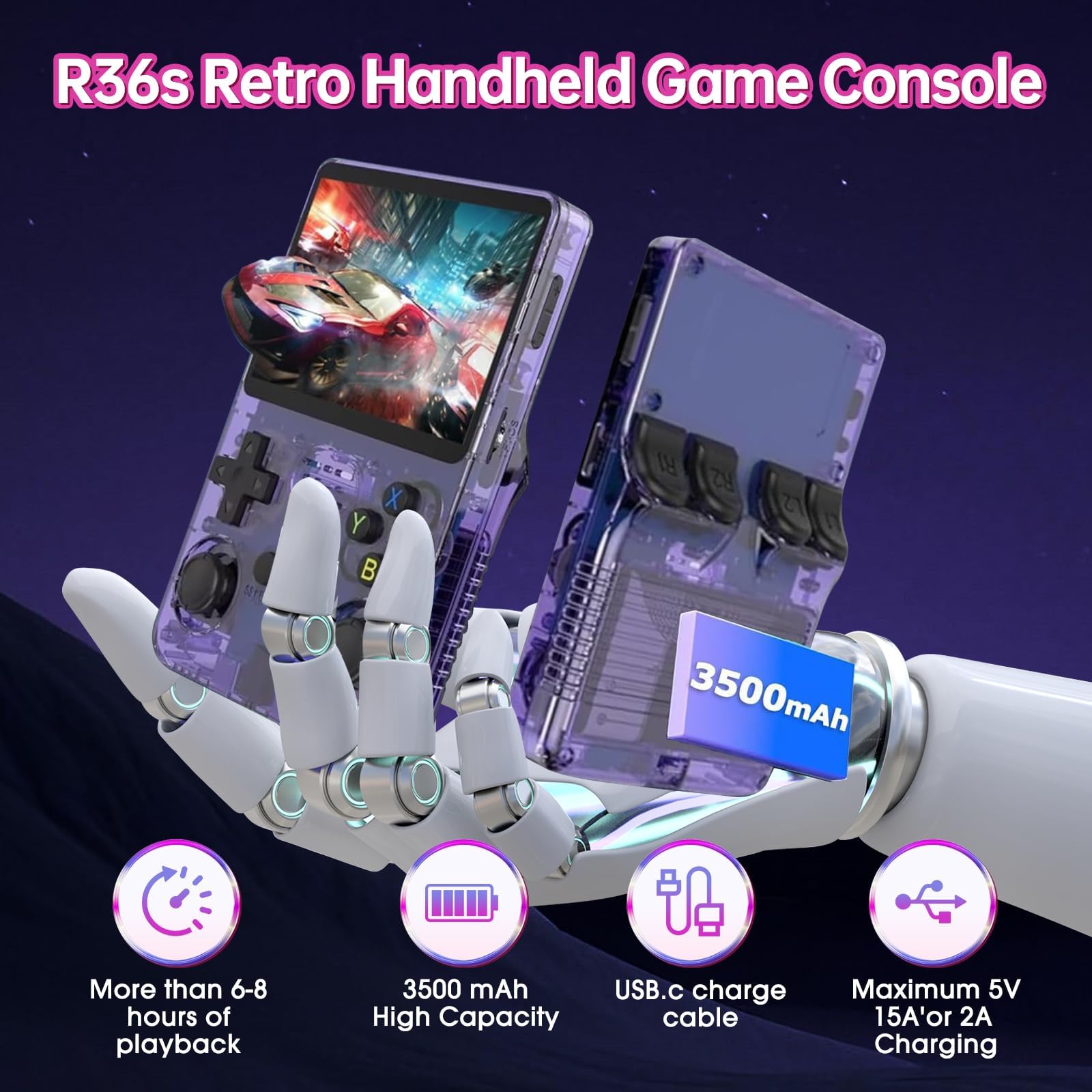 R36S Retro Handheld Spielkonsole, 3,5 Zoll IPS-Bildschirm, 128 GB Speicher, 20.000 Vorinstallierte Spiele, Linux System, Tragbare Handheld Konsole (Lila)