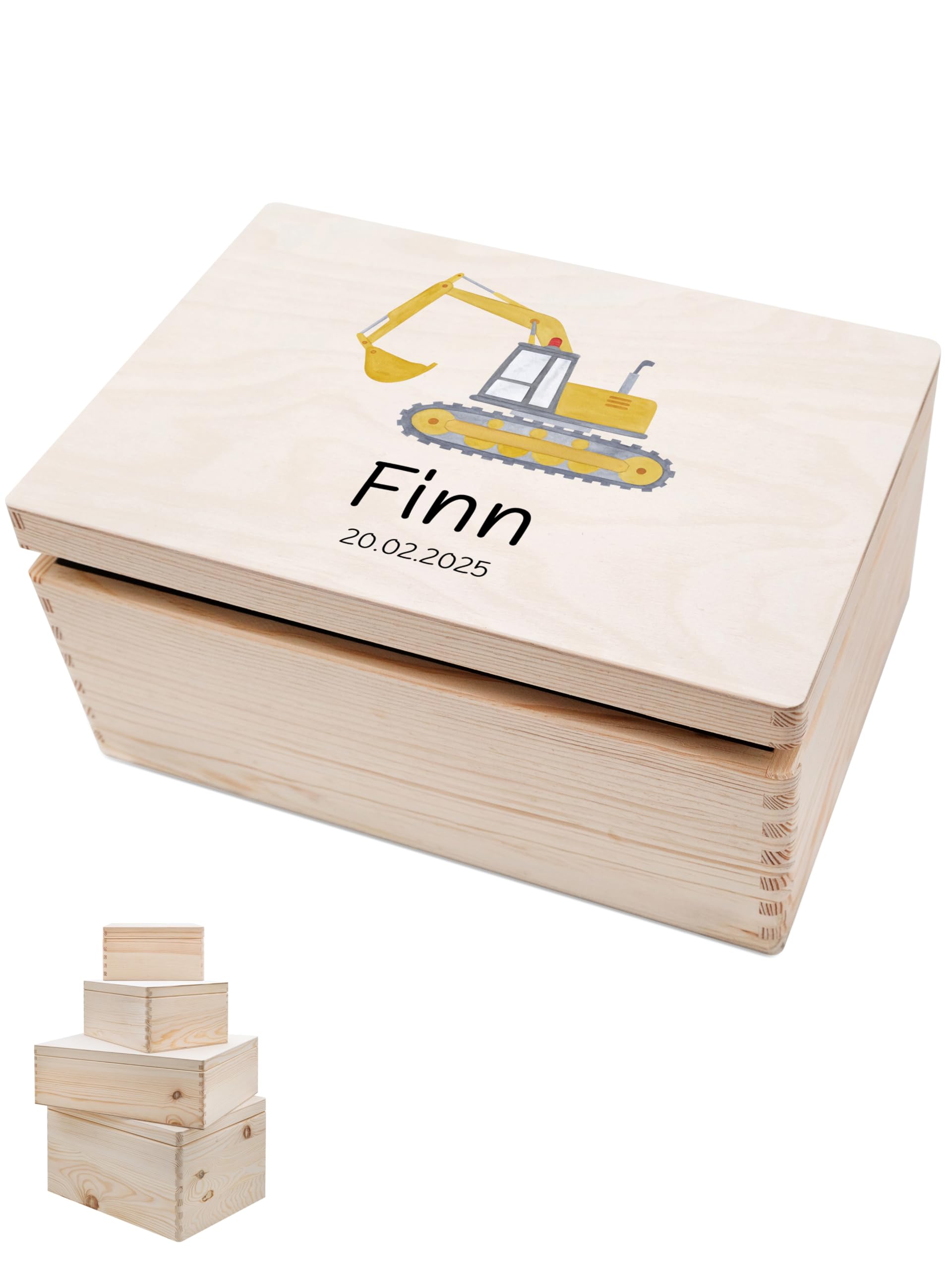 wunderwunsch - Personalisierte Erinnerungsbox Baby mit Hochwertigem Druck - Individuelle Erinnerungsbox - Niedliche Erinnerungskiste aus Holz - Geschenk zur Geburt (Bagger gelb, S-Klappdeckel)