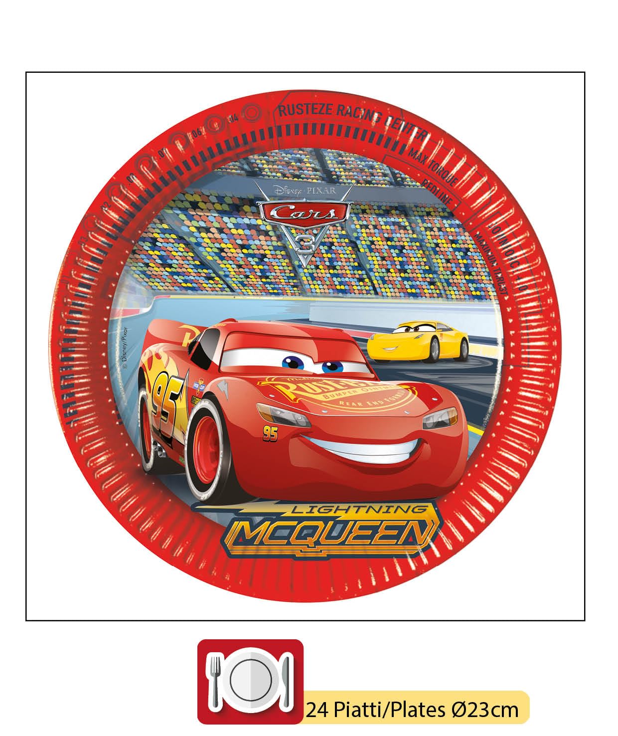 Party Tableware Set Disney Cars 3 for 24 people (112 pcs: 24 paper plates Ø23cm, 24 paper plates Ø20cm, 24 cups 200ml, 40 paper napkins 33x33cm)