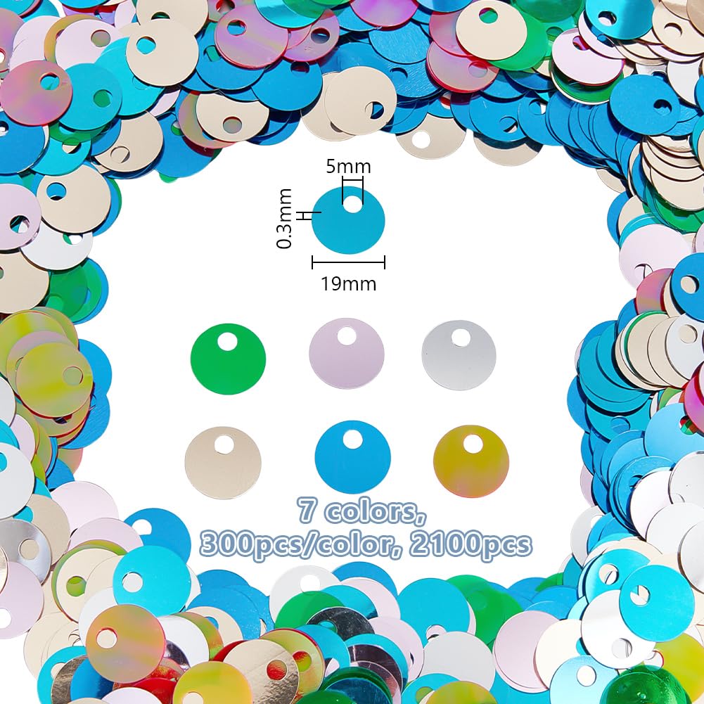 OLYCRAFT 2100 paillettes con foro grande, 19 mm, 7 colori, rotonde, piatte, sciolte, rotonde, paillettes, lustrini glitterati, lustrini iridescenti, per fai da te, cucito, ricamo, foro da 5 mm
