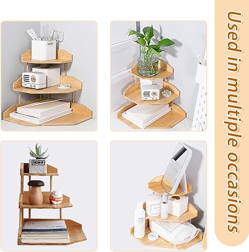 Miniatura 5 de HYNAWIN Estante organizador de escritorio de esquina de bambú, estante de almacenamiento triangular de 3 niveles para oficina y hogar, estante