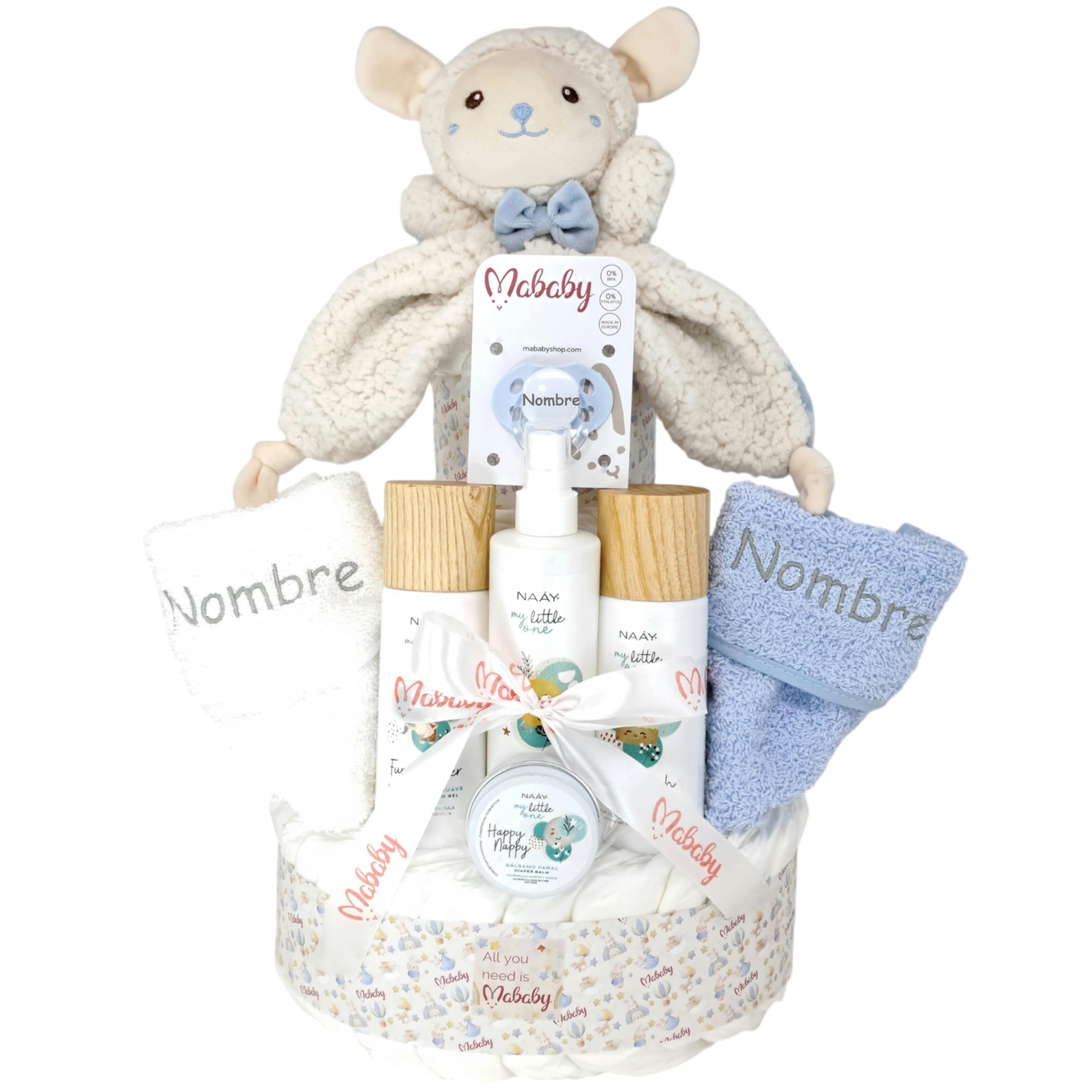 Naáy - Tarta de Pañales Personalizada con Pañales Talla 2, Set de Cosmética Eco, Dou Dou, Chupete y Toallas Bordadas con el Nombre del Bebé (Azul)