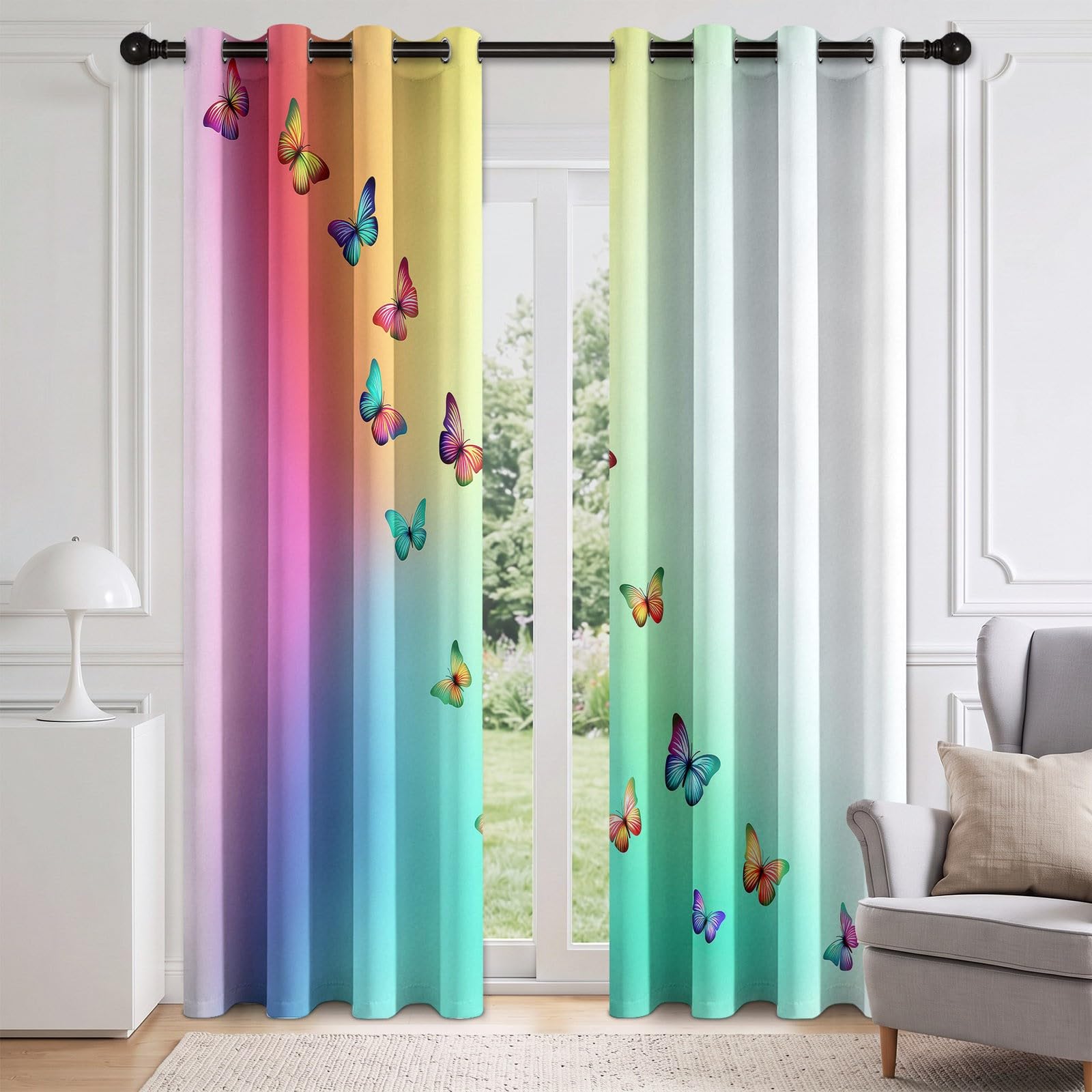 Générique Rideau Dégradé Arc en Ciel, 100% Occultant Thermique Oeillets Lot de 2 140Lx180H cm, Rideaux Aquarelle Papillon Chambre Fille Occultant et Réduction du Bruit Thermique pour Salon et Chambre