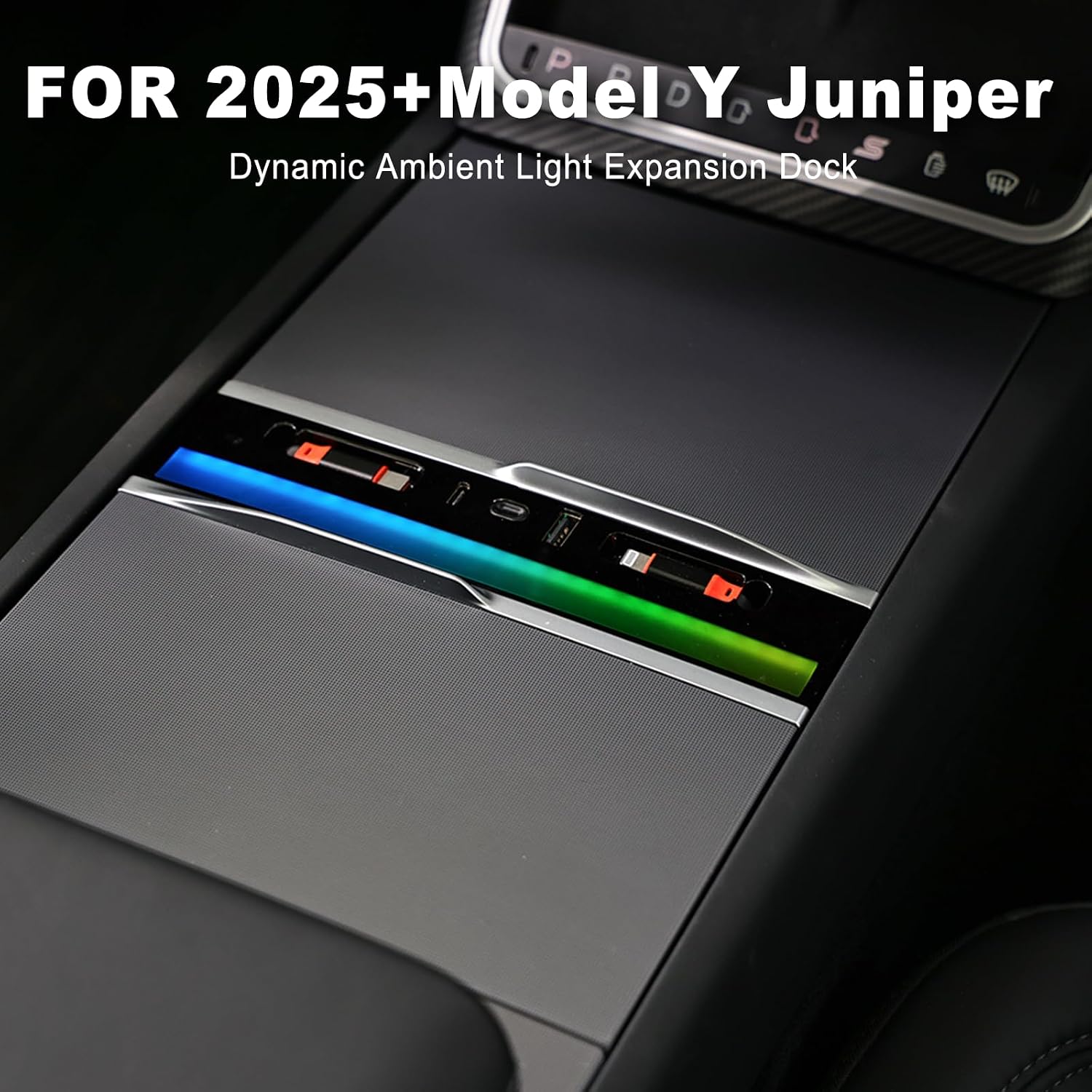 USB Charger Hub for Model Y Juniper USB Hub Center Console Adapter Docking Station with Ambient Light Center Hidden Charger with Retractable Cable Model Y Juniper 2026 Accessories