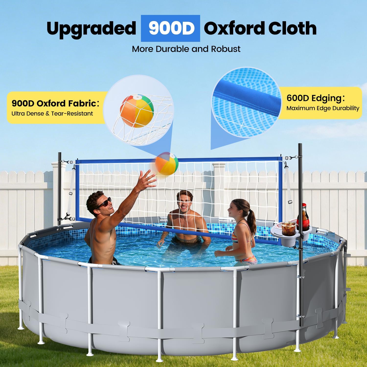 Above Ground Pool Volleyball Net Set with Storage Tray - Swimming Pool Volleyball Net for Pool with Adjustable 10-20FT Width Anti-Sagging Net - Outdoor Poolside Games with Ball, Pump, Poles