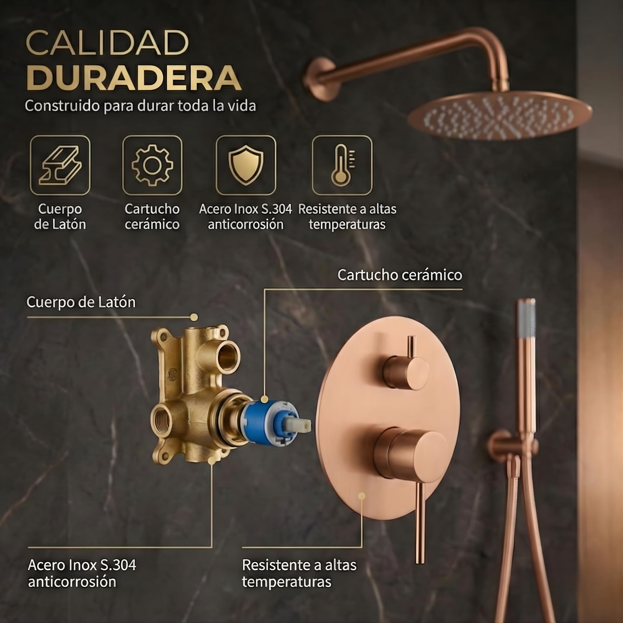 IMEX - Colonne de Douche Encastrée Salle de Bain | Colonne Douche Encastrable Laiton Or Rosse | Pommeau Douche Anti Calcaire en Acier Inoxydable S.304 | Série Monza