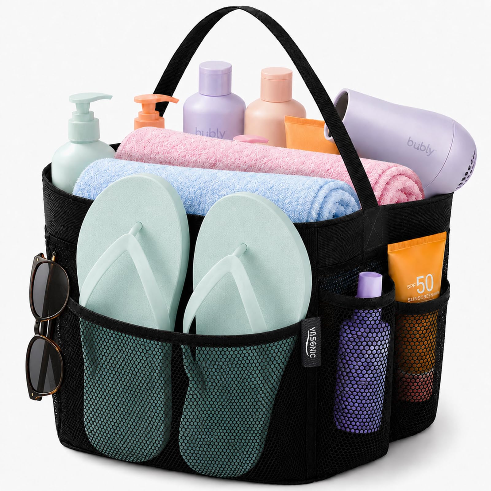 Photo 1 of YASONIC Mesh Shower Caddy - Black, 8-Pocket Portable Shower Bag