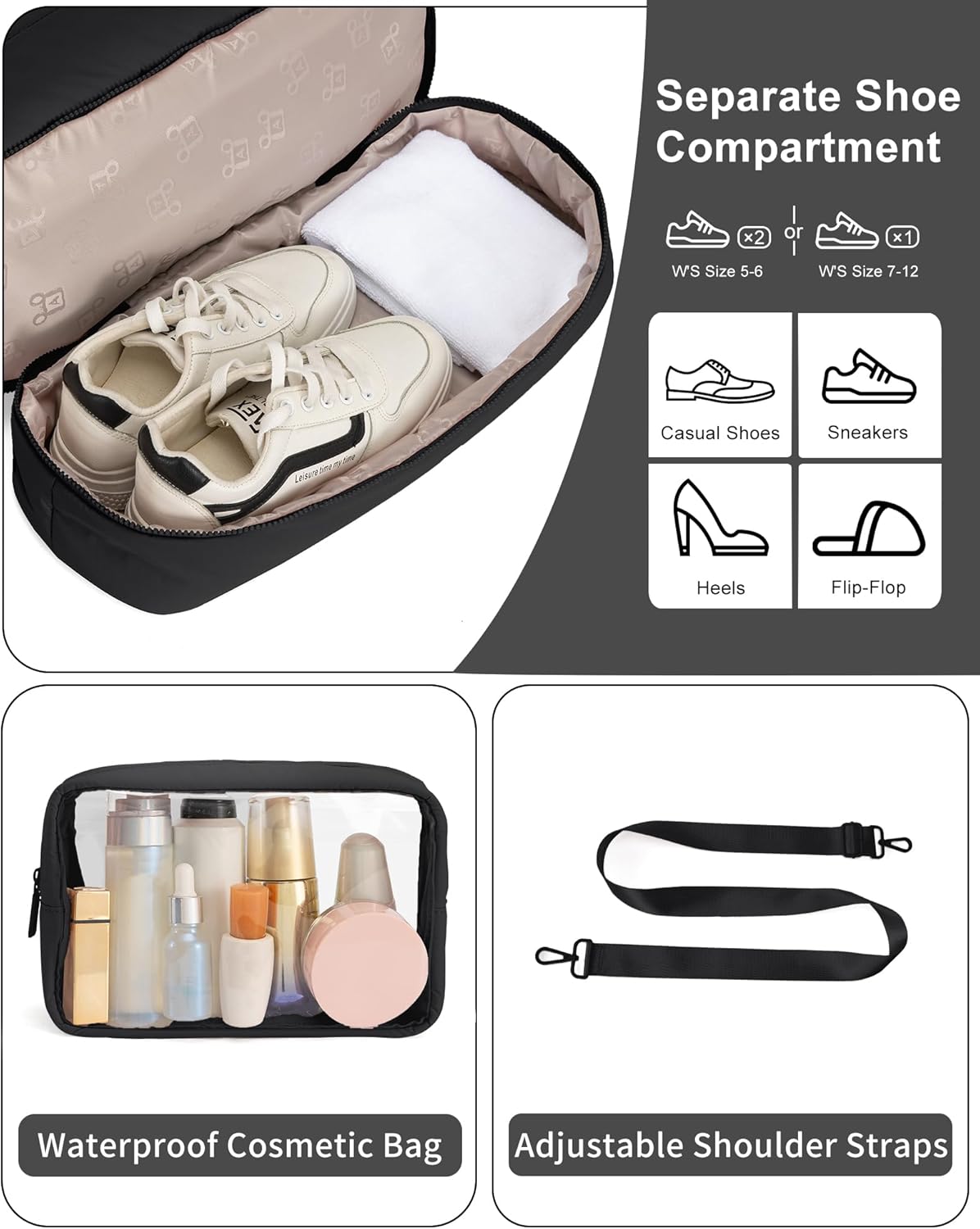 Gym Bag for Women Travel Bag Puffer Duffle Bags Large Carry On Weekender Bags Lightweight Overnight Bag for Women Nurse Bag with Shoes Compartment (Black)