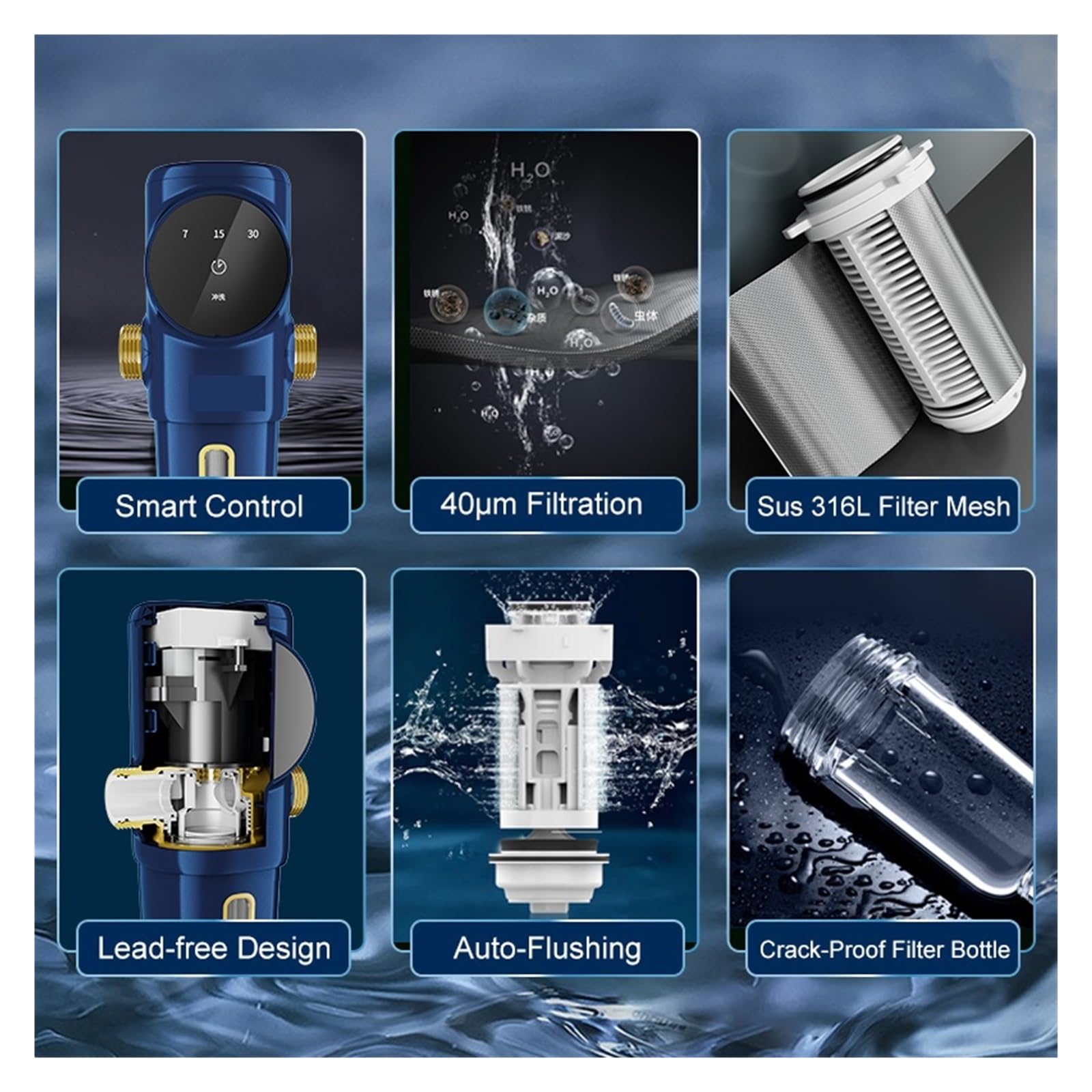 Filtro de agua debajo del fregadero, Filtro de agua for toda la casa de 40 micrones de sedimentos giratorios de descarga automática, de purificador de prefiltración central 6000L para su cocina, baño,