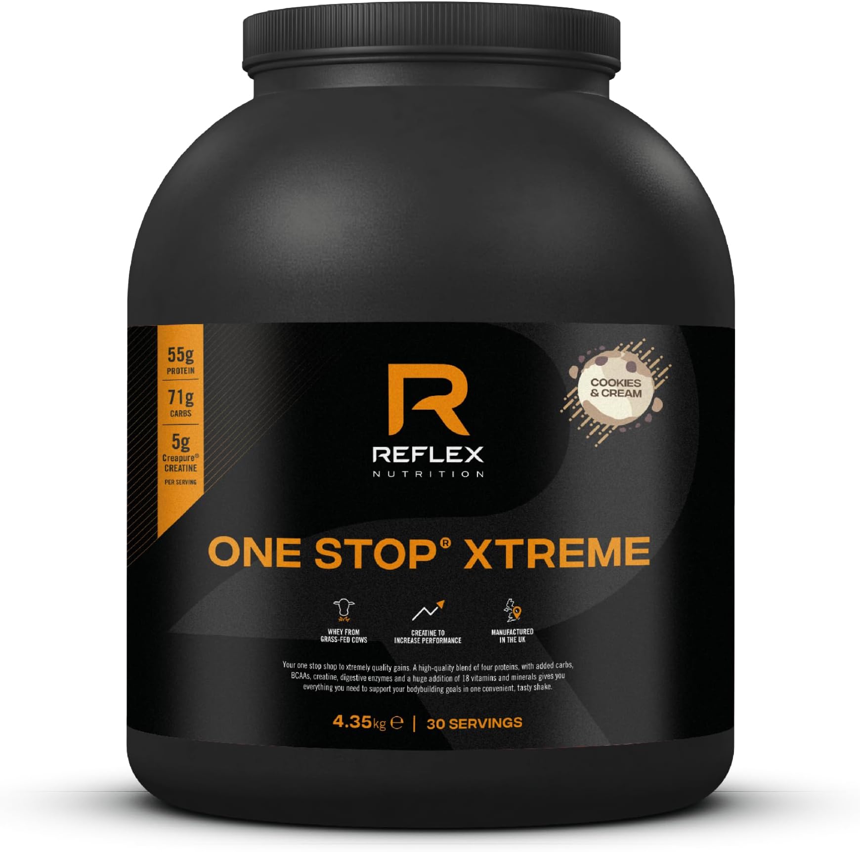 Reflex Nutrition One Stop® Xtreme - Serious Mass Gainer - All in One Protein Powder - 55g Protein, 10.3g BCAAs, 5,000mg Creatine - Muscle Building Protein Shake (Cookies & Cream, 4.35kg)