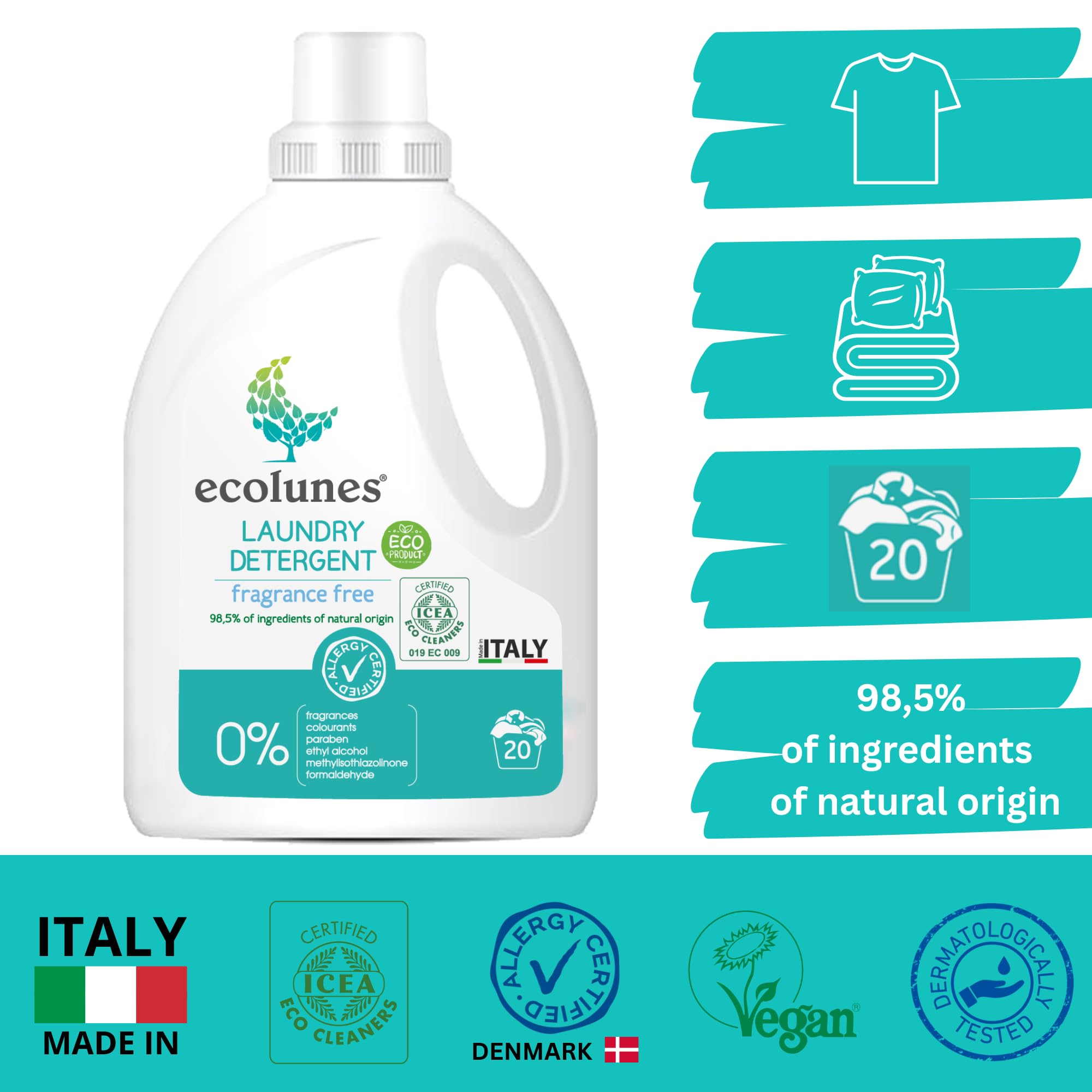 Ecolunes Laundry Detergent fragrance free, bezzapachowy proszek do prania 98,5% składników pochodzenia naturalnego, opracowany specjalnie dla skóry wrażliwej, testowany dermatologicznie, 1L