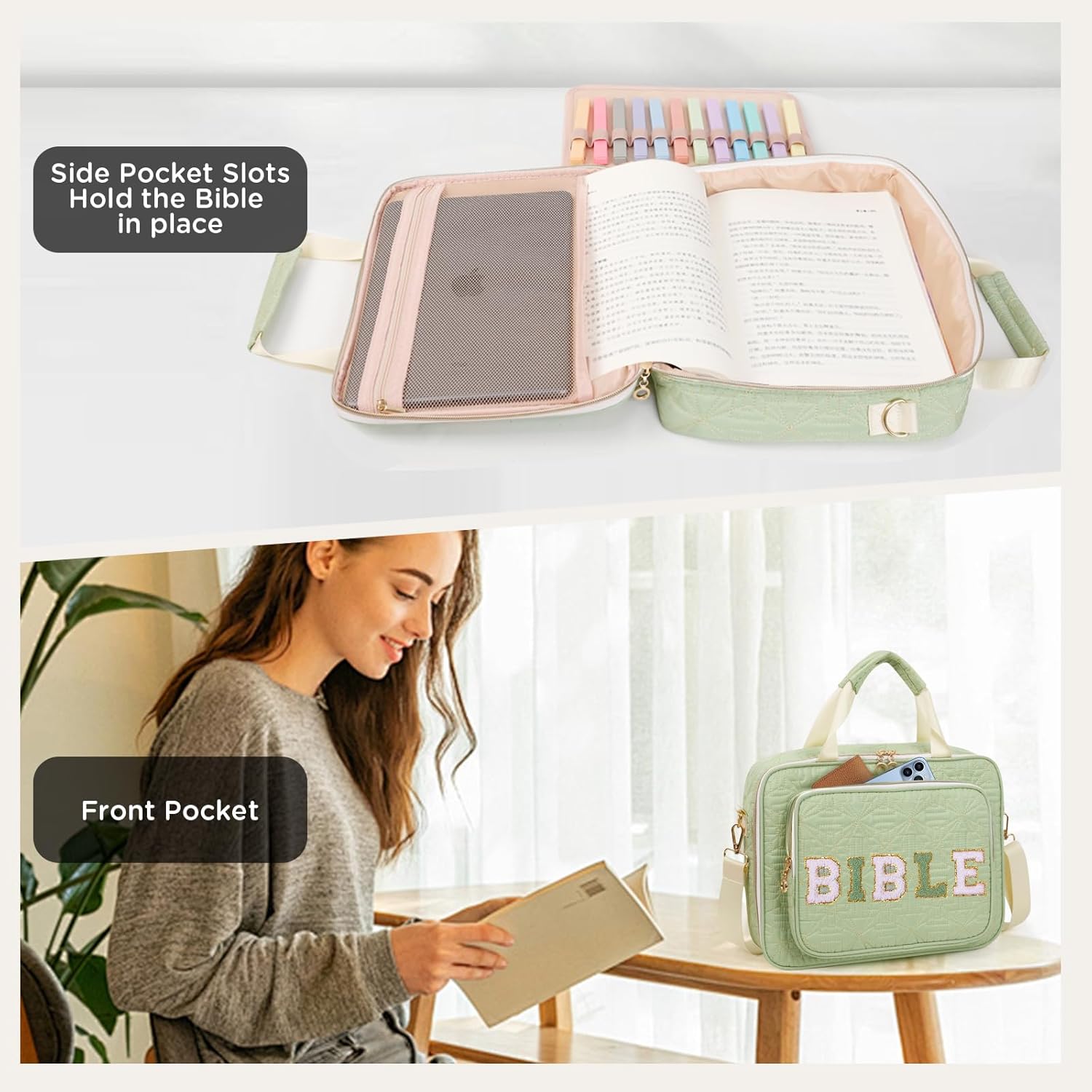 Bible Cover Case for Women Large Bible Bag with Soft Handle & Shoulder Strap, Bible Carrying Case for Women Bible Cover with Multi-Pockets, Bible Holder for Study Supplies Gift for Christian