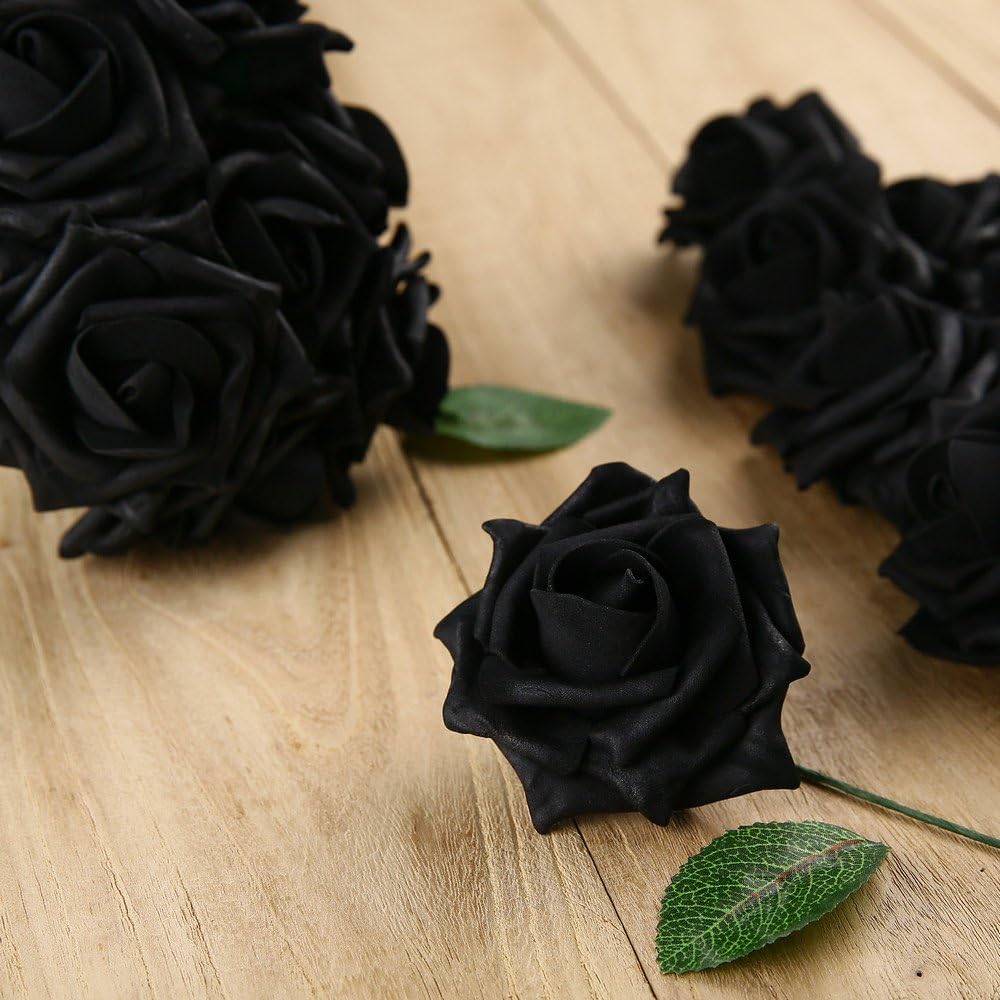 Febou Artificial Flowers, 50pcs Real Touch Artificial Foam Roses Decoration DIY for Wedding Bridesmaid Bridal Bouquets Centerpieces, Party Decoration, Home Display (Delicate Type, Black)