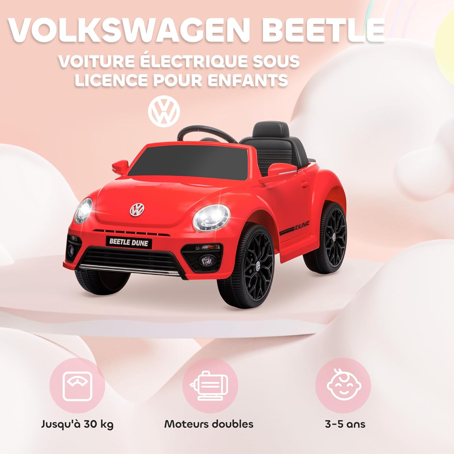 An illustration highlighting the features of the Volkswagen Beetle electric car: up to 30 kg weight capacity, dual motors, and suitable for ages 3-5 years.