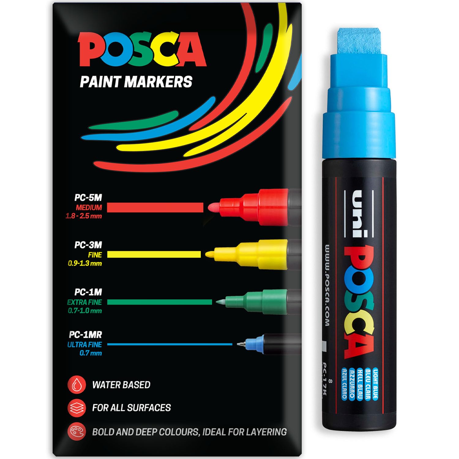 Posca Water Based Acrylic Paint Marker Pens | Multi Surface Use Permanent Paint Pen | Pack of 1 in Envelope Gift Packaging | Glass, Fabric, Wood etc | XXL Chisel Tip PC-17K, Light Blue