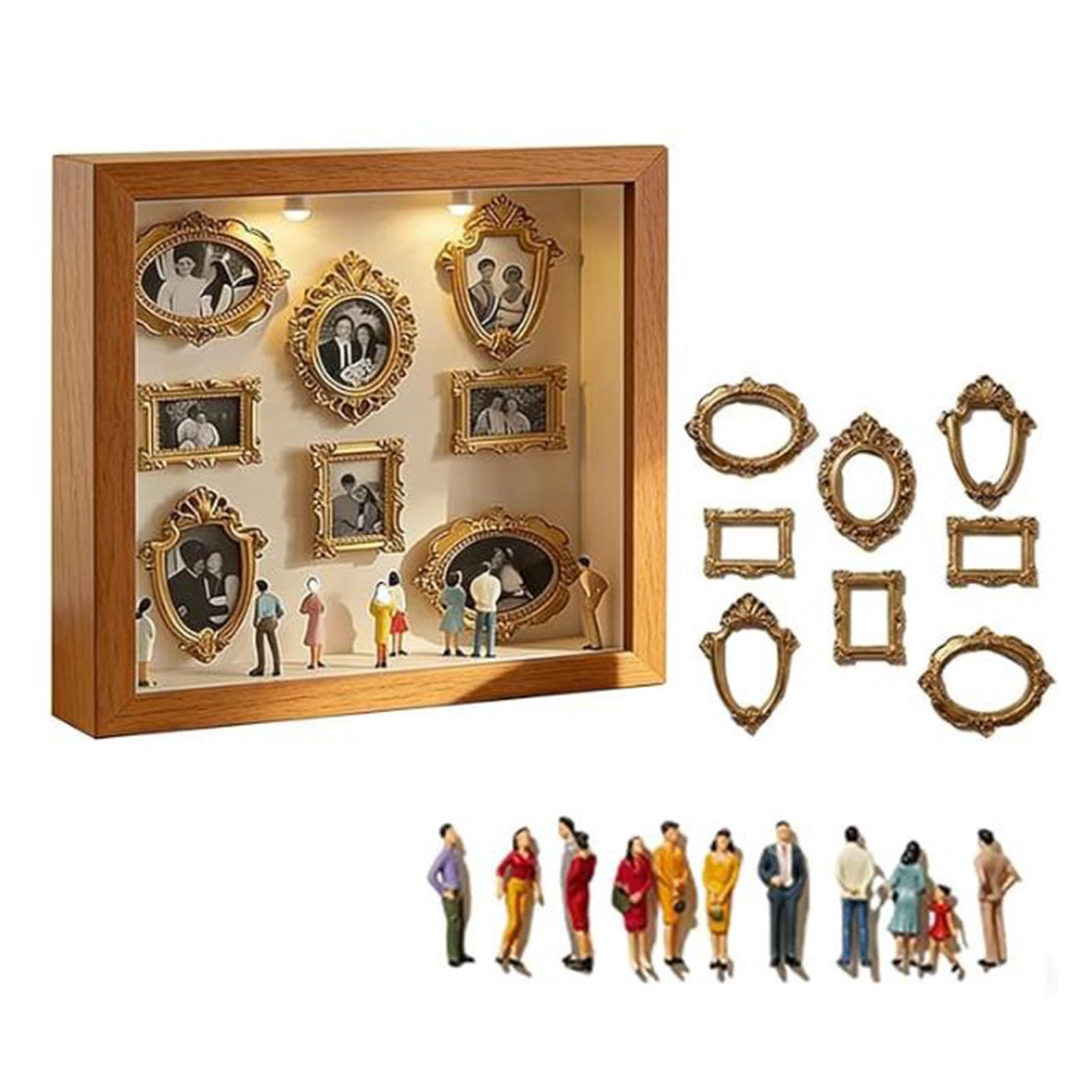 DIY Mini Museum Silhouette Box Retro Photo Display Frame Set with Miniature Figurines and Lights Desktop Decor (Light Yellow, 25.5cm*25.5cm*3.7cm)