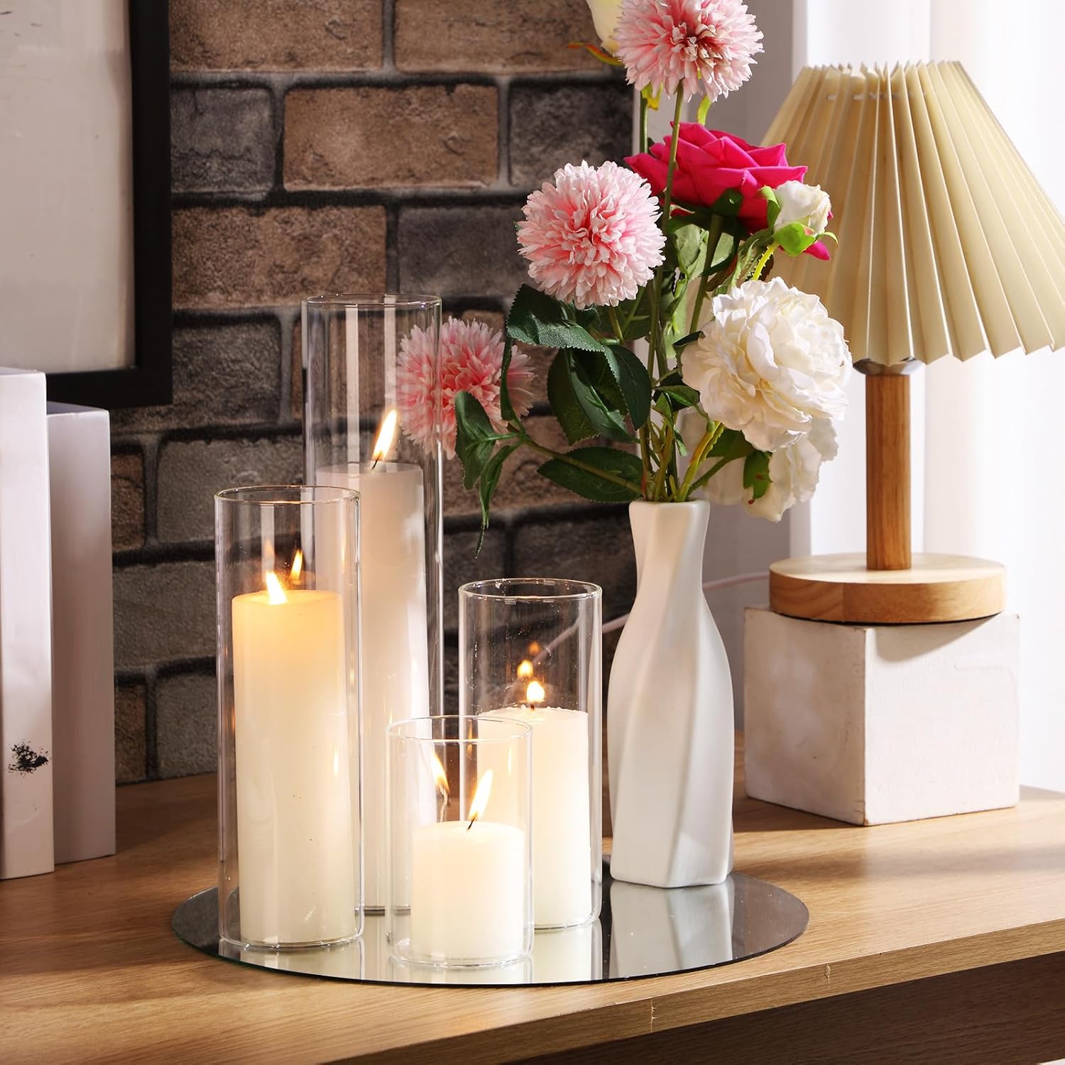 Shihanee Set of 8 Pillar Candles and Glass Cylinder Vases 4 Sizes Clear Cylinder Candle Holders for Pillar Candles Home Table Centerpieces Decoration (White)