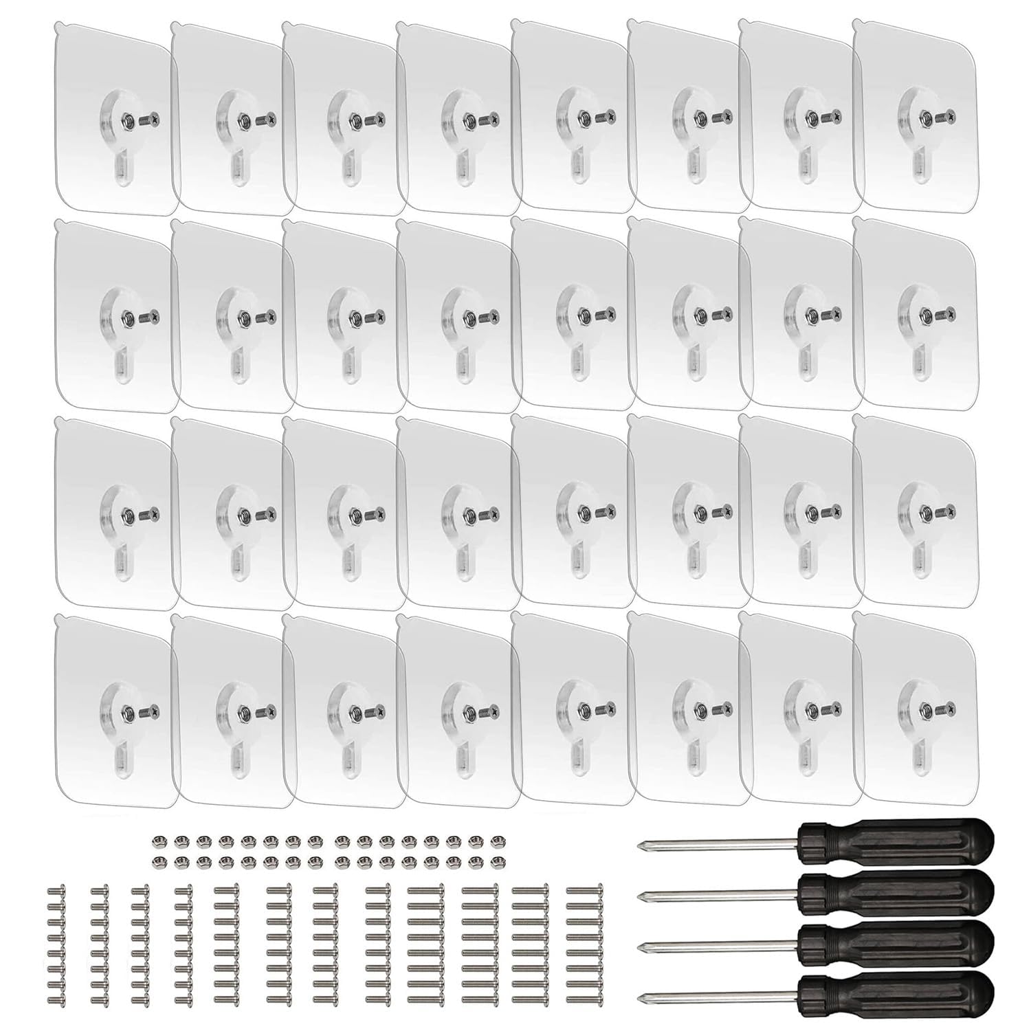 32-Set Adhesive Screws Wall Mount Hanging Nails No-Trace No Drilling Stick-on Sticky Screw with 3 Different Size Screw for Bathroom Kitchen Storage Room Tile Wall