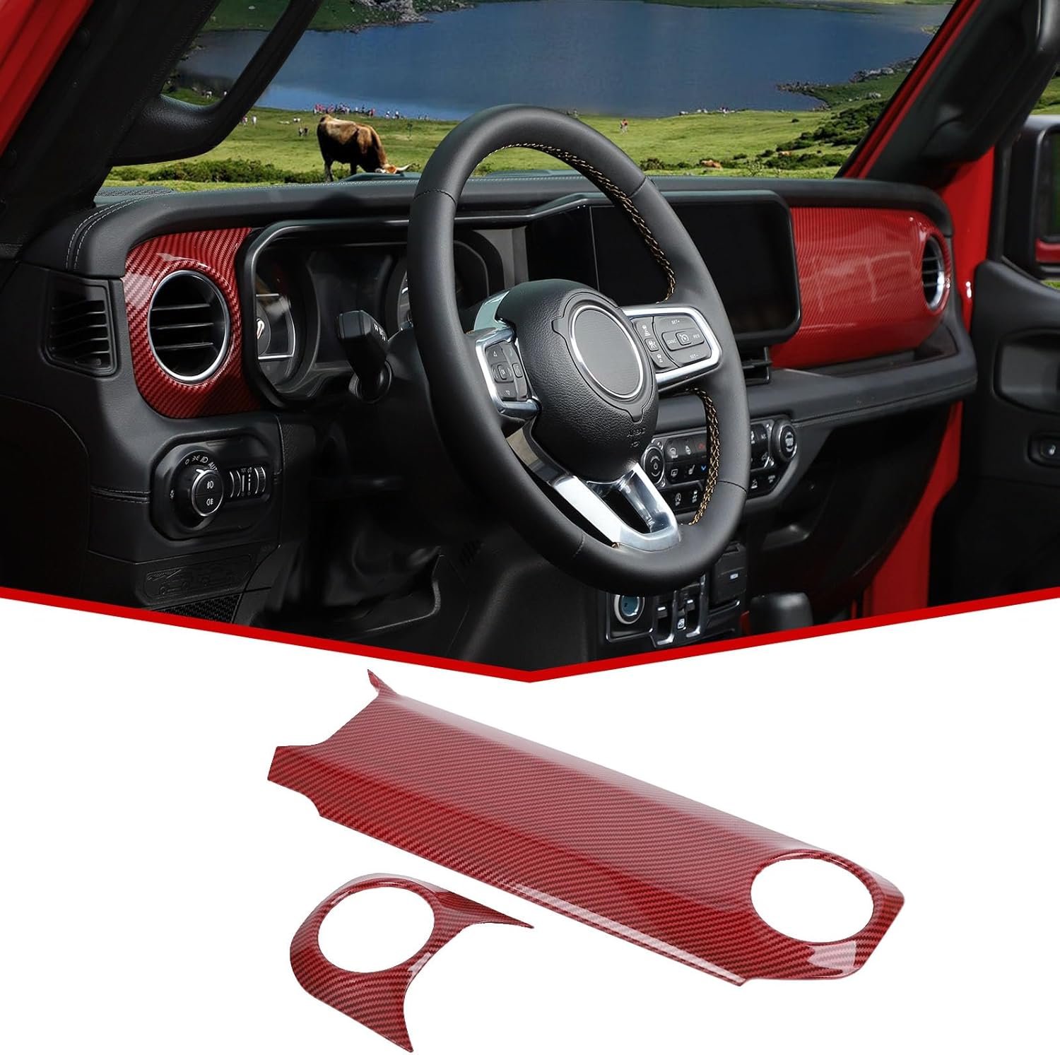 jecar dashboard panel trim cover center console decoration kit interior accessories compatible with jeep wrangler 2024 jl jlu & gladiator jt truck, red carbon fiber finish