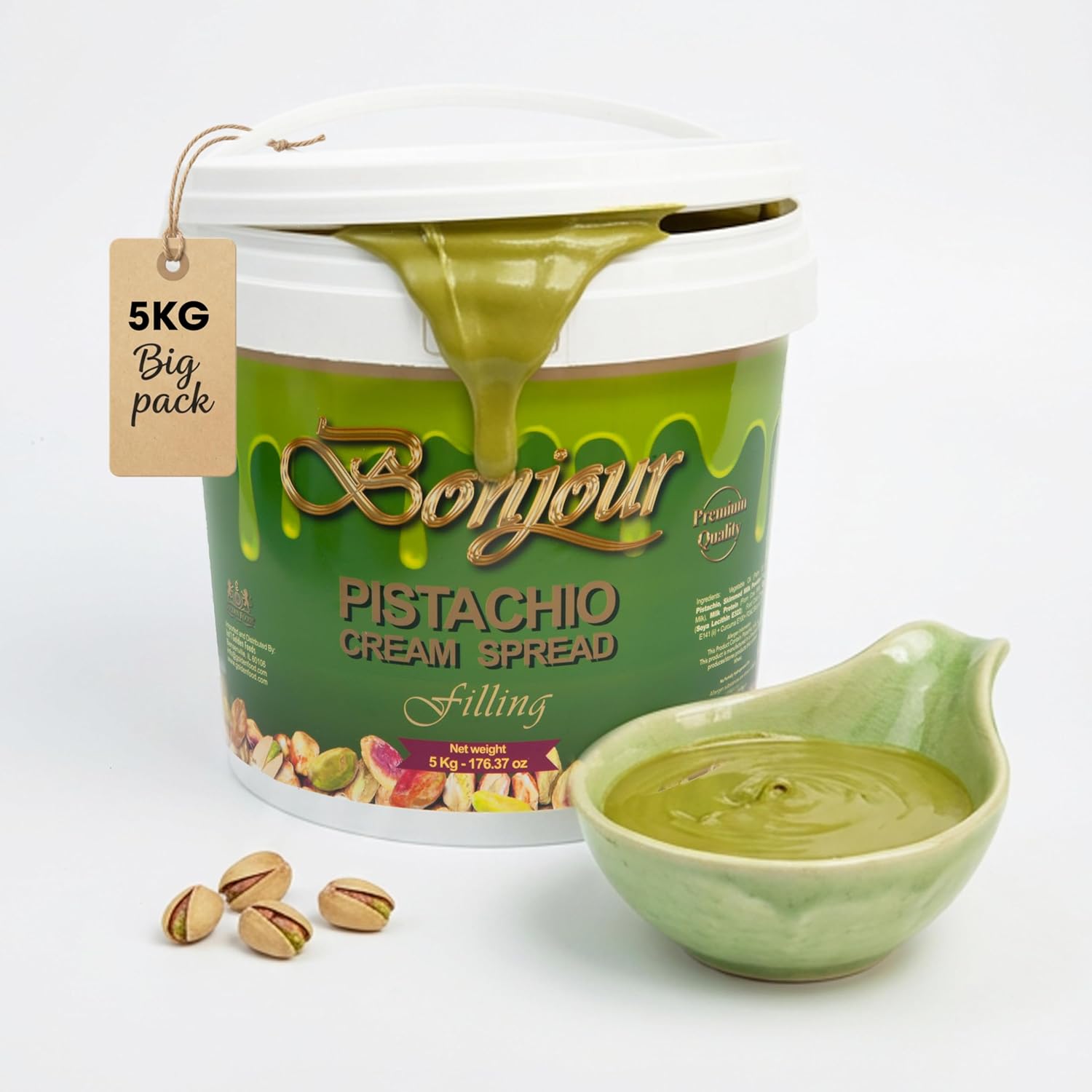 Bonjour Pistachio Cream for Dubai Chocolate, Filling, Topping & Bread - Non-GMO, No Palm Oil - Premium Smooth 5kg Bulk Jar Pistachio Butter Spread Paste for Bakery, Wholesale & Restaurant, 11.02 LB