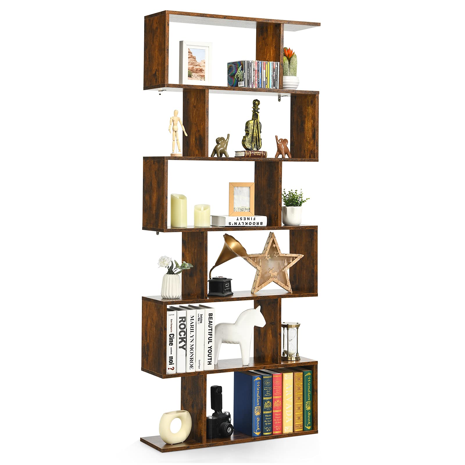 GIANTEX Librería en Forma de S, Estantería para Libros con 6 Estantes, 80 x 23 x 191 cm, Estantería de Almacenamiento Multifuncional, Diseño Antivuelco, para Salón, Estudio (Marrón)