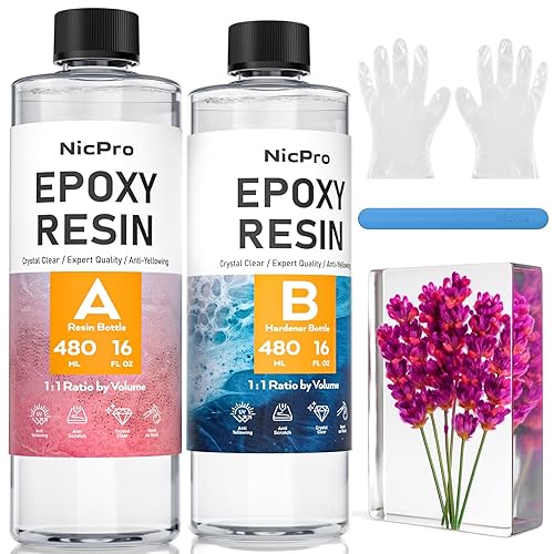 Nicpro Kit de resina epoxi transparente de 32 onzas, suministros de resina sin burbujas y alto brillo para revestimiento de arte y fundición,