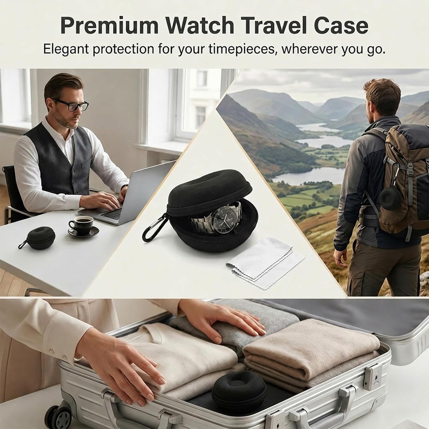 Watch Travel Case, Black Single Watch Case for Men with Cleaning Cloths