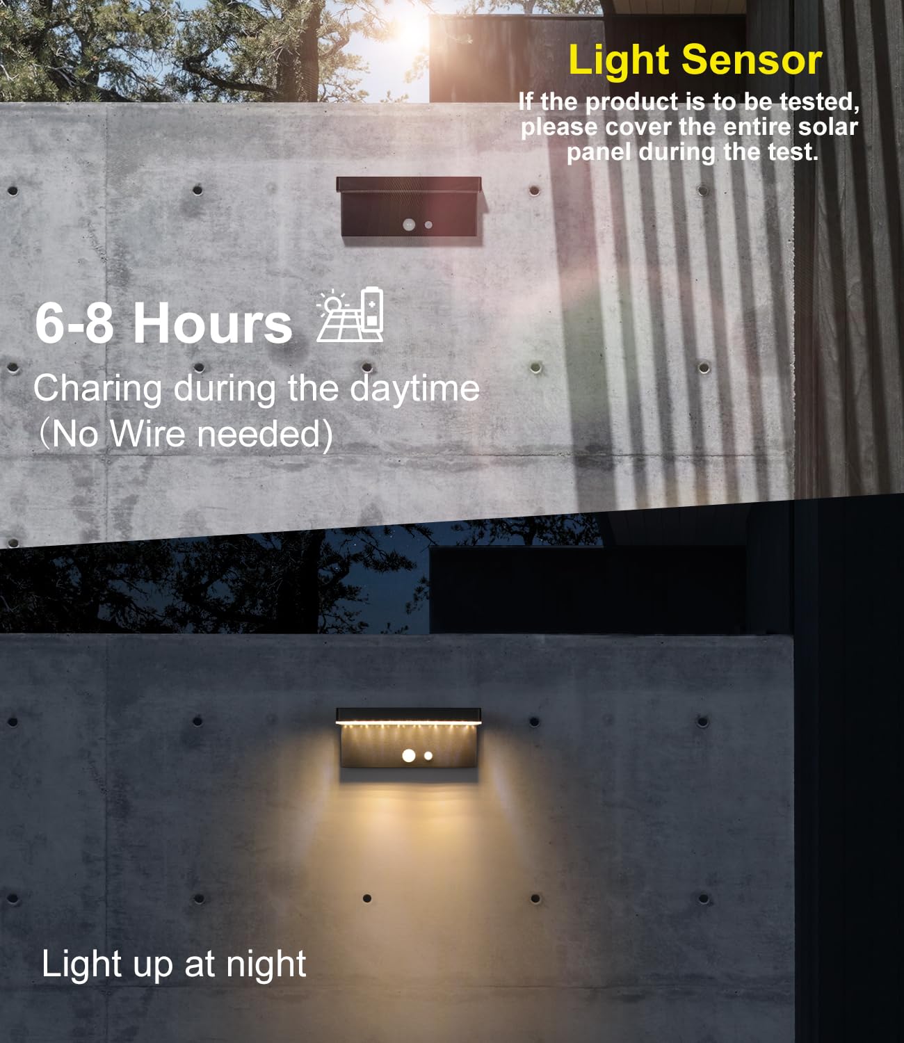 DAWALIGHT Luce Solare da Esterno con Sensore di Movimento 3 Modalità Lampade Solari Impermeabile IP44 Faretti Solari a LED da Esterno per Esterni Giardino Garage Strada Patio Parete, Alluminio, Nero