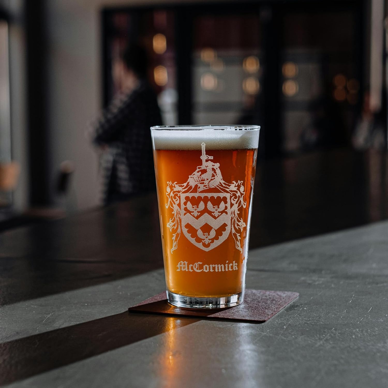 Custom Family Crest 16oz Pint Glass, Engraved Family Coat of Arms Beer Glass