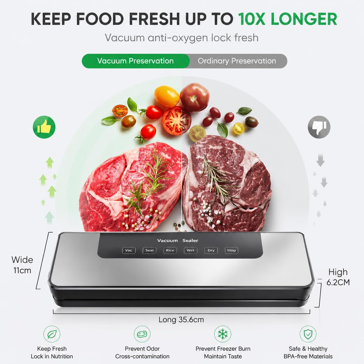 Máquina al vacío para alimentos profesional 65 kpa Hilifix, con sello más largo de 30 mm, sellador al vacío para alimentos frescos tanto secos como húmedos, sobres para aspirar incluidos