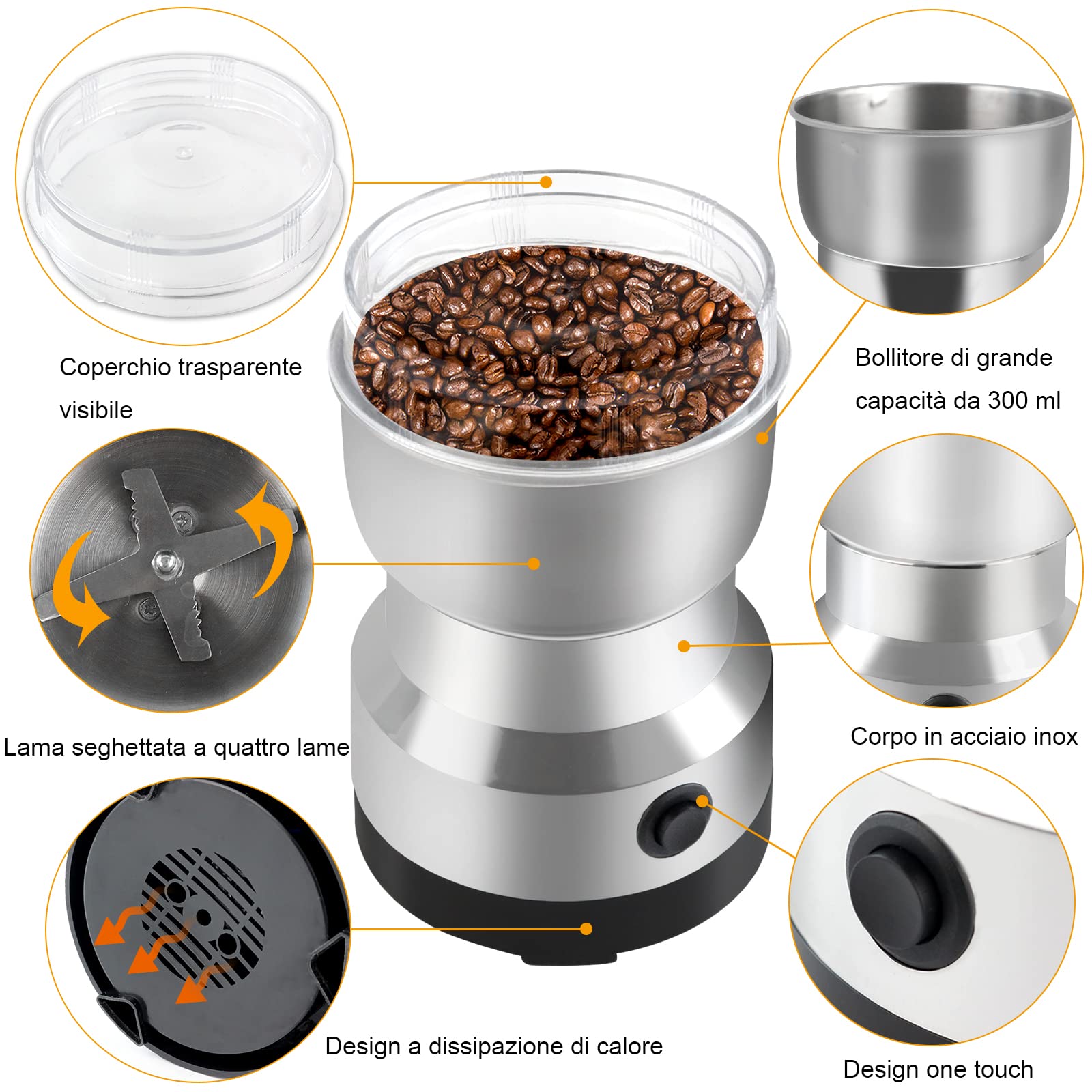 Macinacaffè Elettrico,Coffee Grinder,Macina Chicchi di Caffè,Macinacaffè Elettrico di Potenza 200w,Macina Spezie per Macinare Wspezie,Erbe,Noci,Peperoni e Semi,Capacità di 300ml,Macinazione Rapida