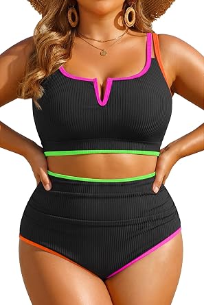 Women Plus Size High Waisted Bikini Ribbed Two Piece Tummy Control Swimsuit