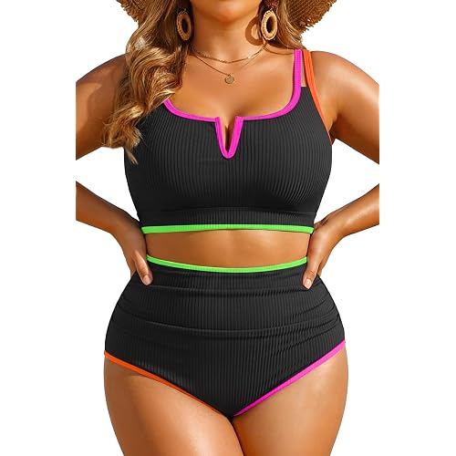 Women Plus Size High Waisted Bikini Ribbed Two Piece Tummy Control Swimsuit